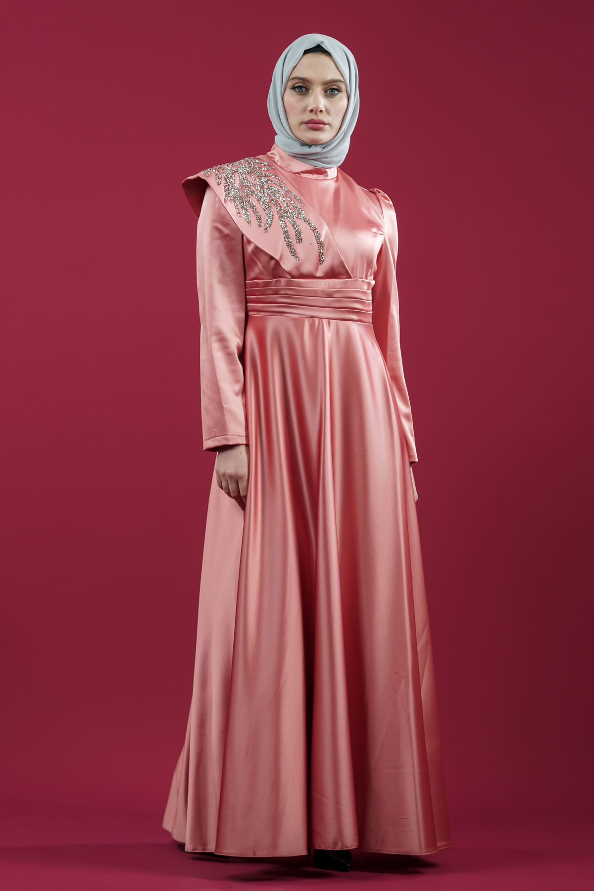 Somon Color Satin Evening Dress