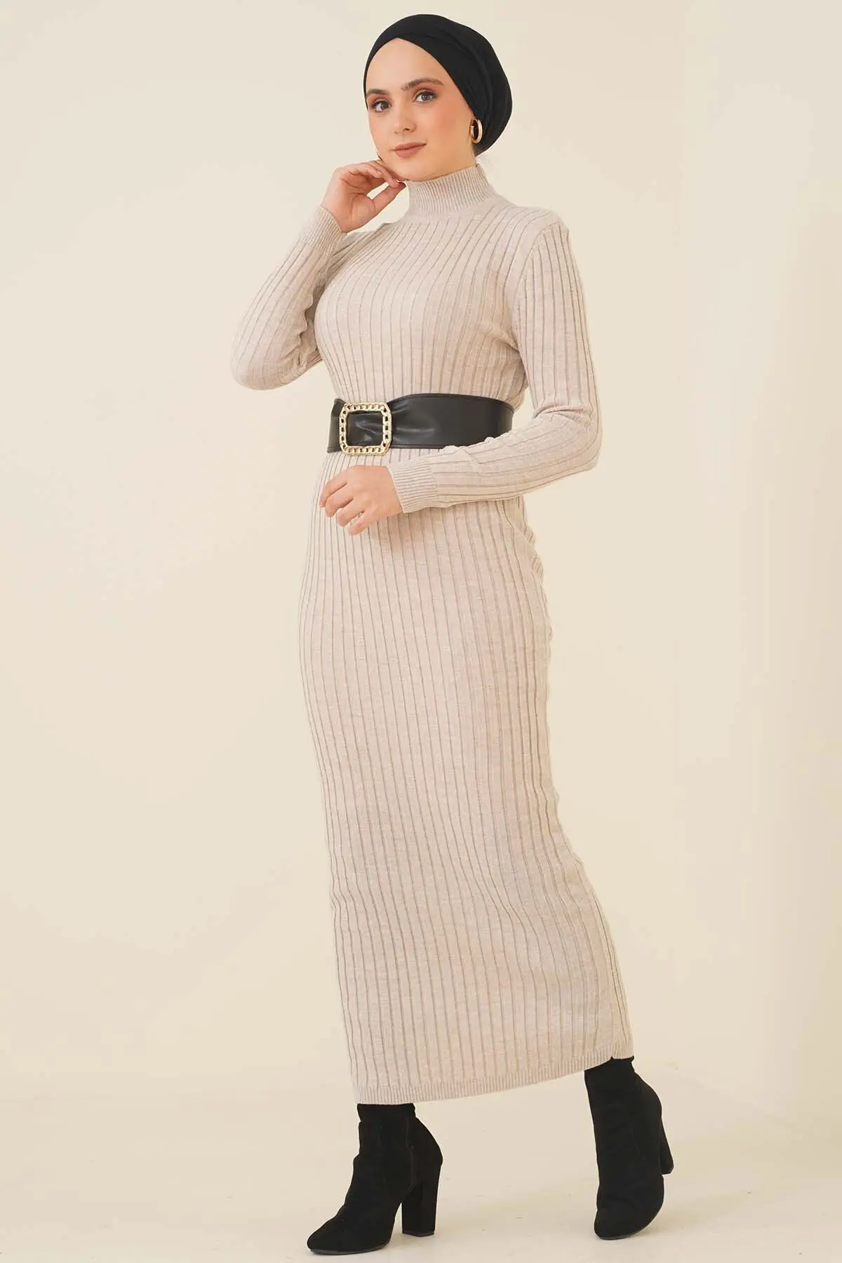 Stone Color Half Neck Knitwear Dress