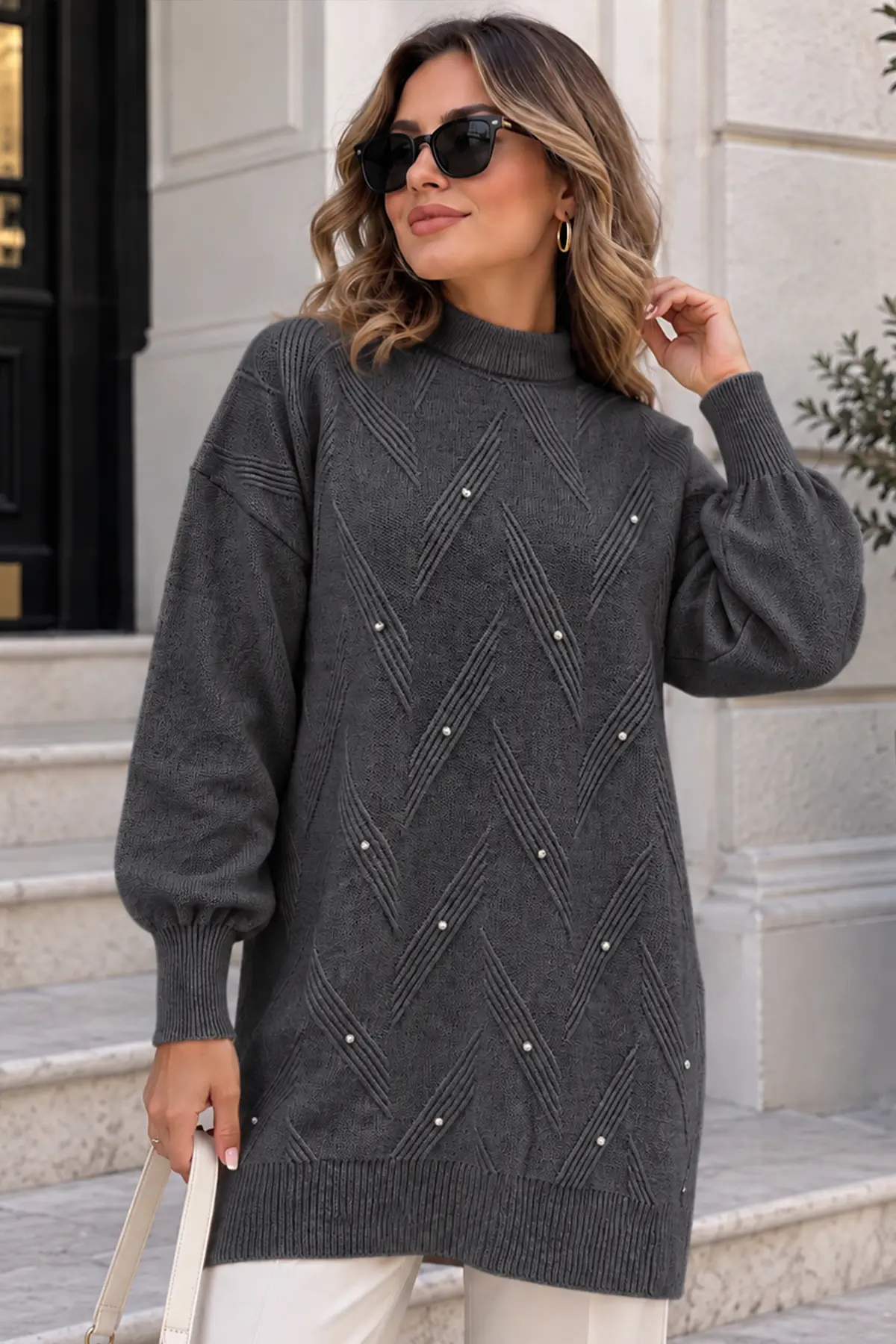 Stone-detail Knit Sweater K6035 Anthracite-detail