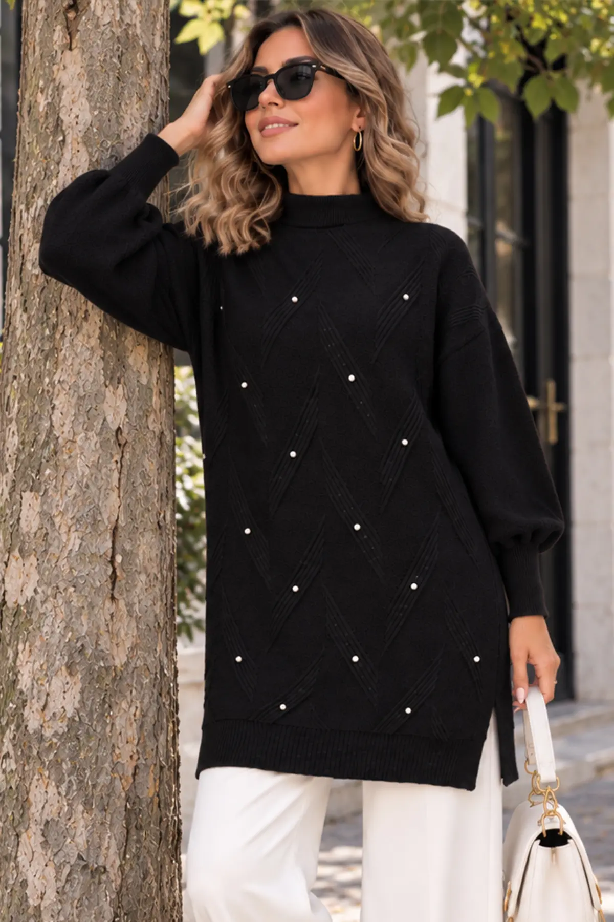 Stone-detail Knit Sweater K6035 Black-detail