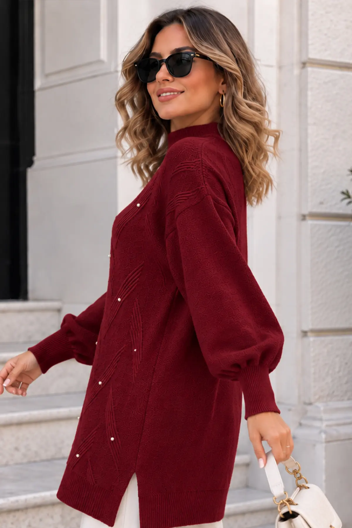 Stone-detail Knit Sweater K6035 Burgundy-detail