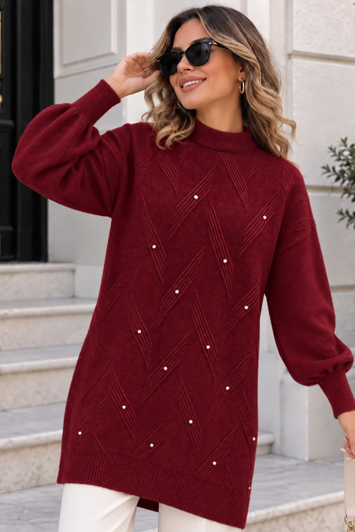Stone-detail Knit Sweater K6035 Burgundy-detail