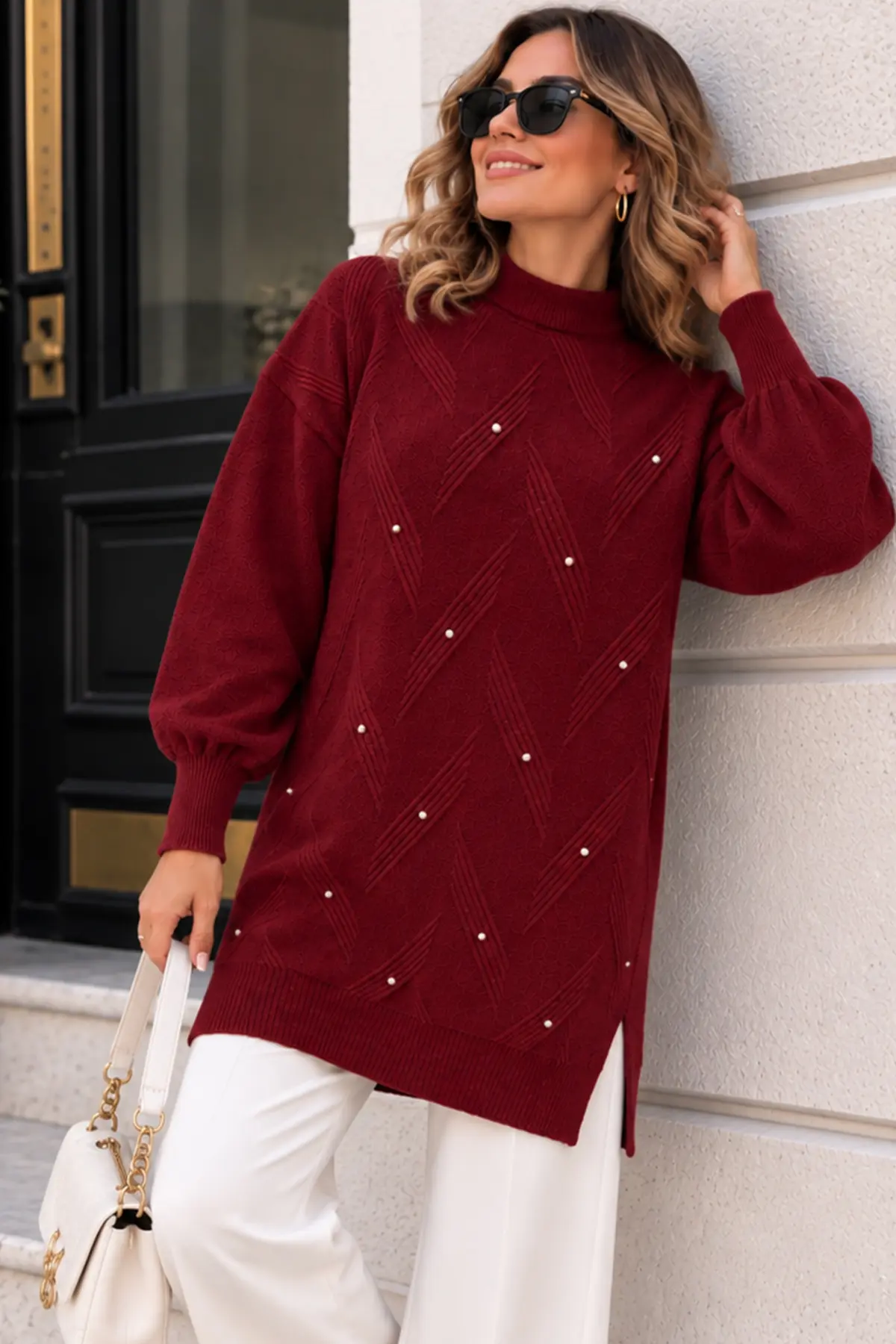 Stone-detail Knit Sweater K6035 Burgundy-detail