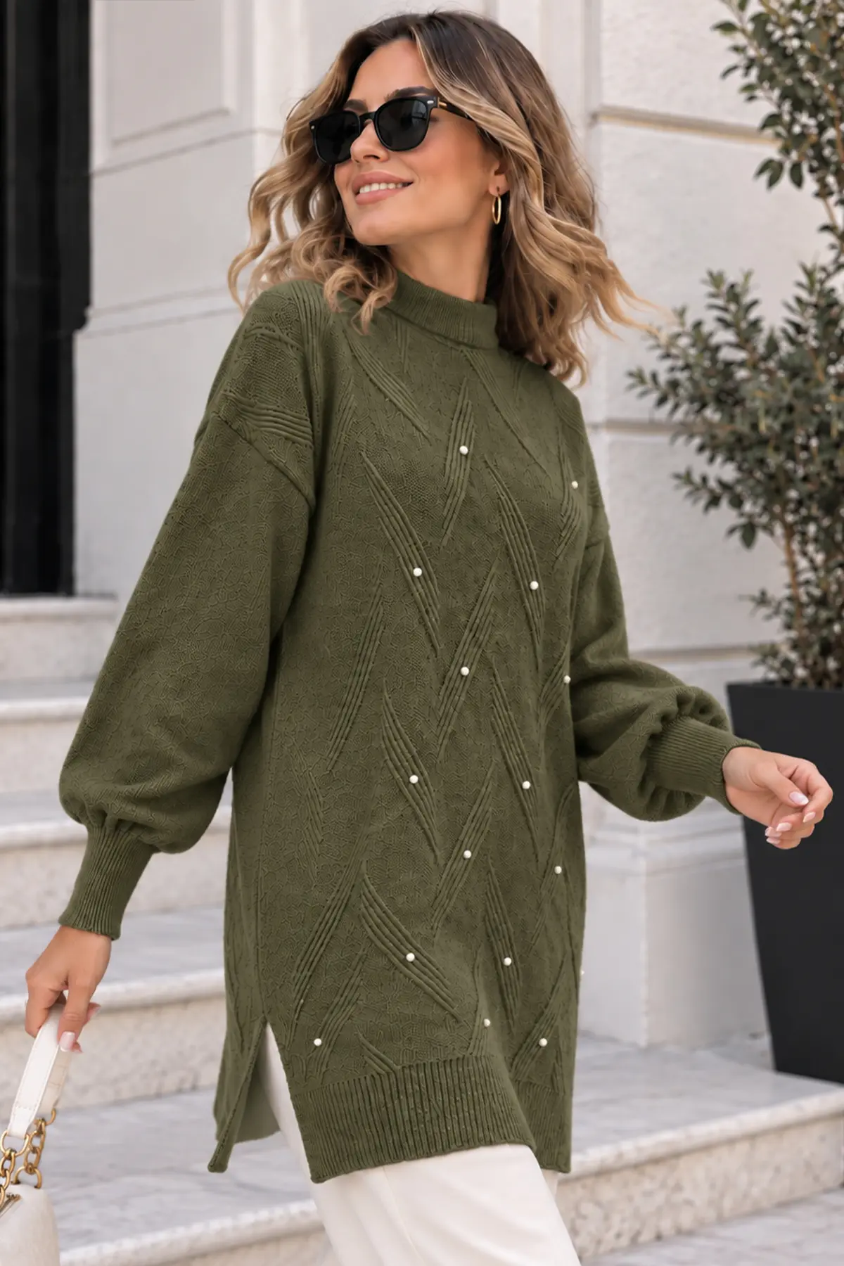 Stone-detail Knit Sweater K6035 Khaki-detail