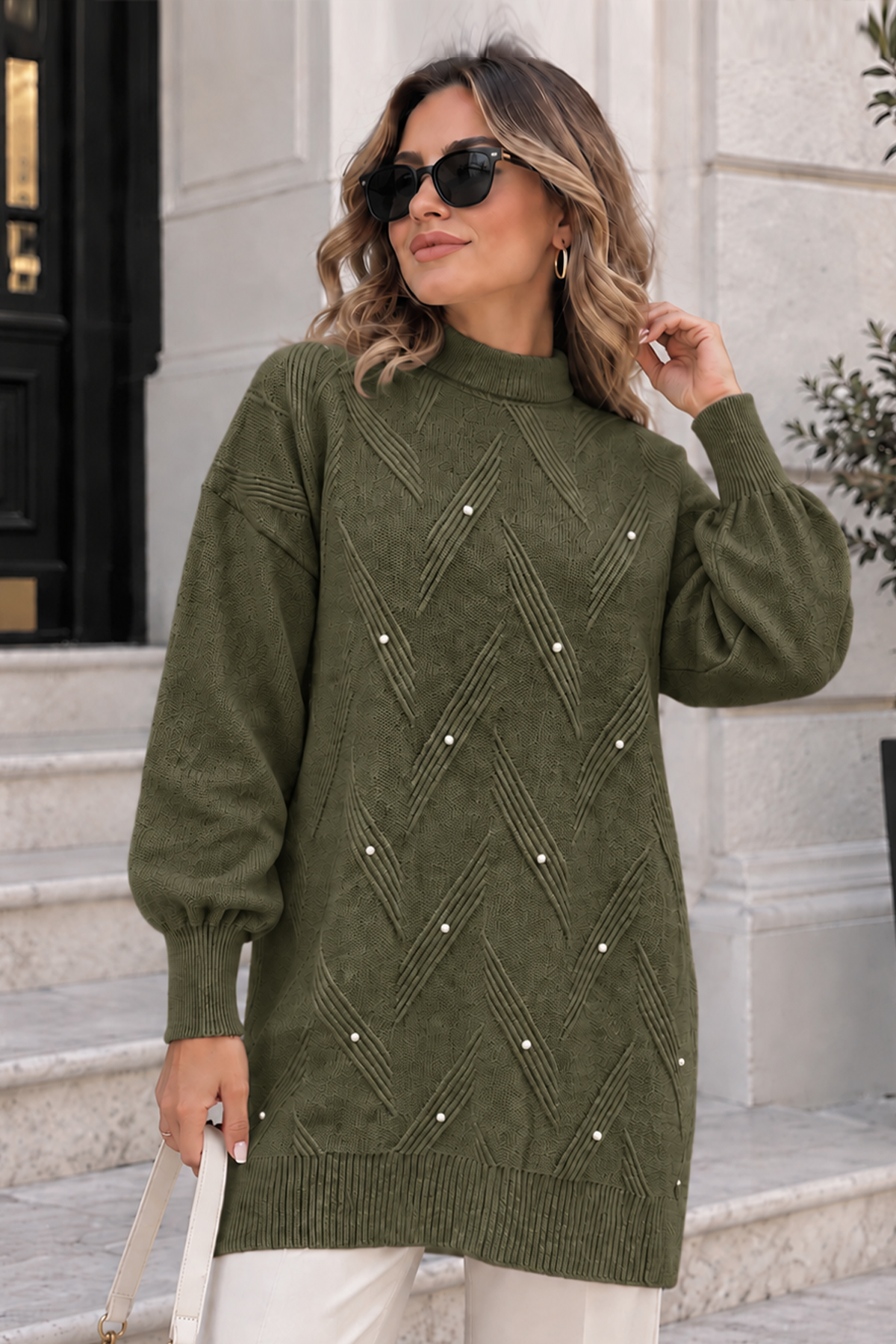 Stone-detail Knit Sweater K6035 Khaki