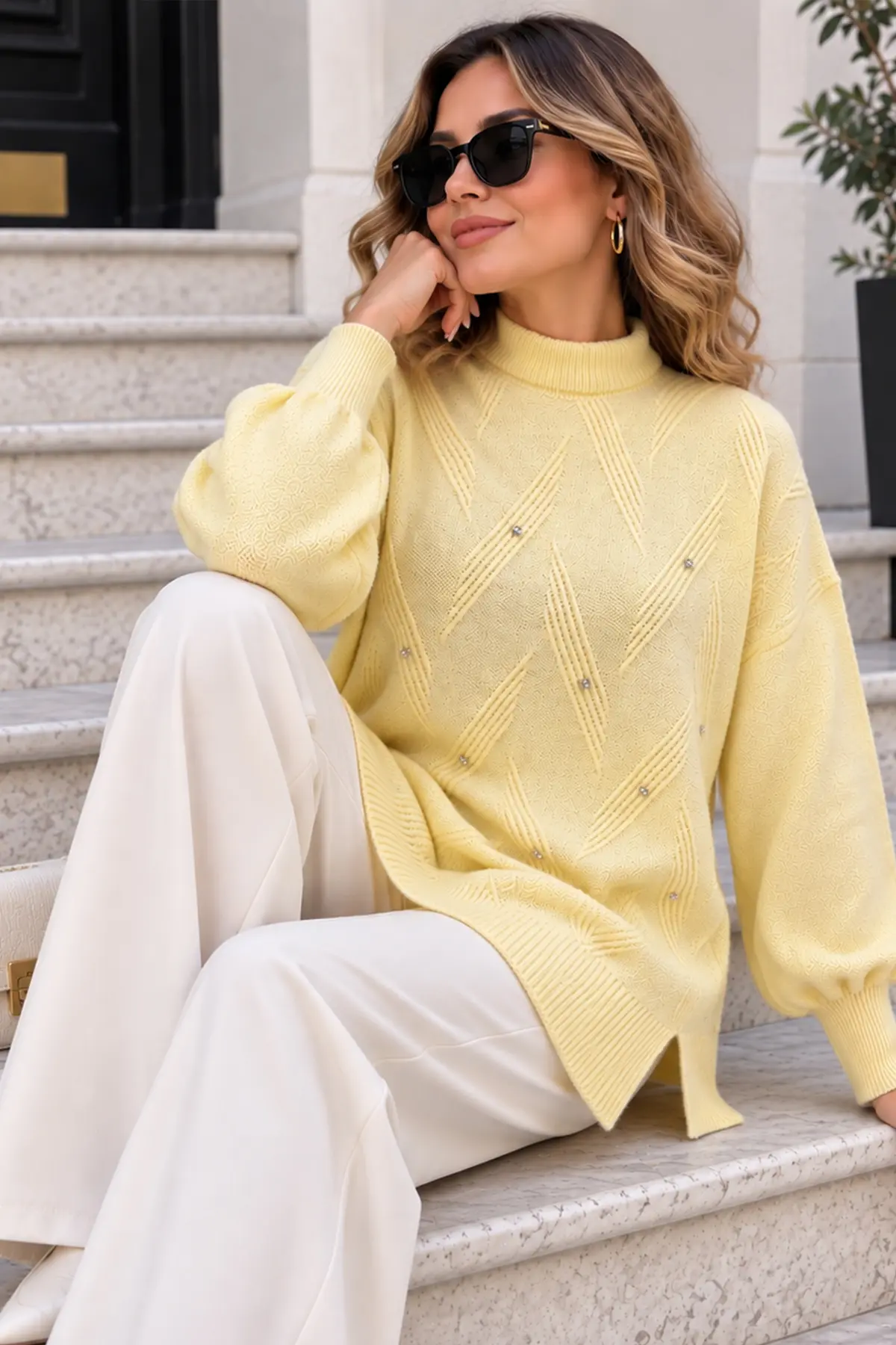 Stone-detail Knit Sweater K6035 Lemon Yellow-detail