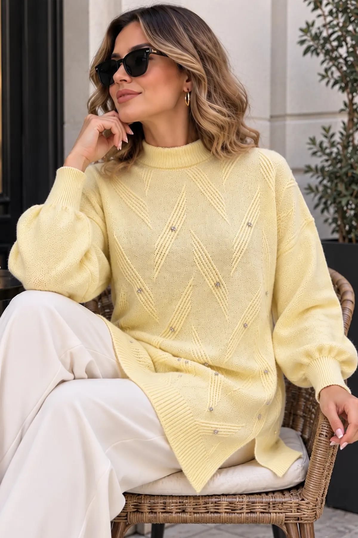 Stone-detail Knit Sweater K6035 Lemon Yellow-detail