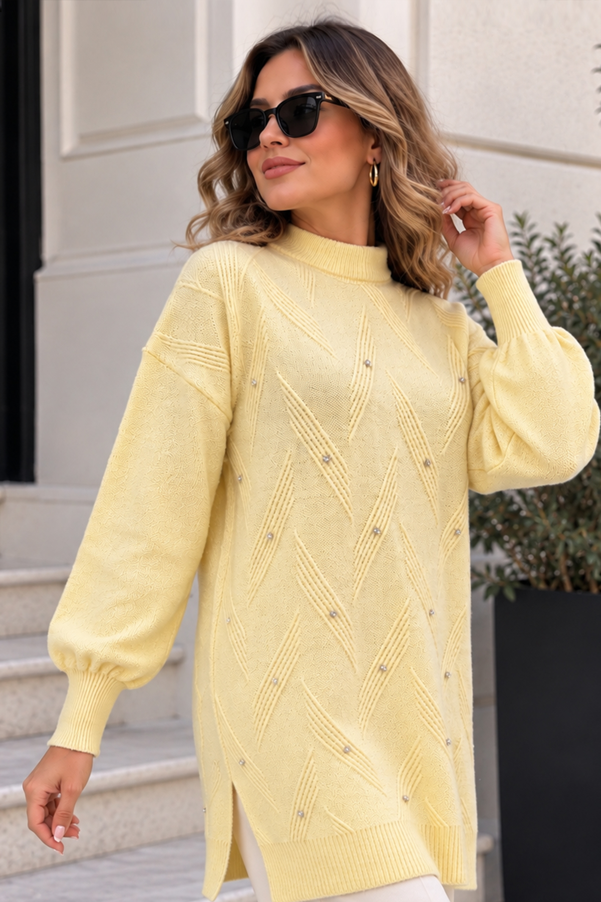 Stone-detail Knit Sweater K6035 Lemon Yellow