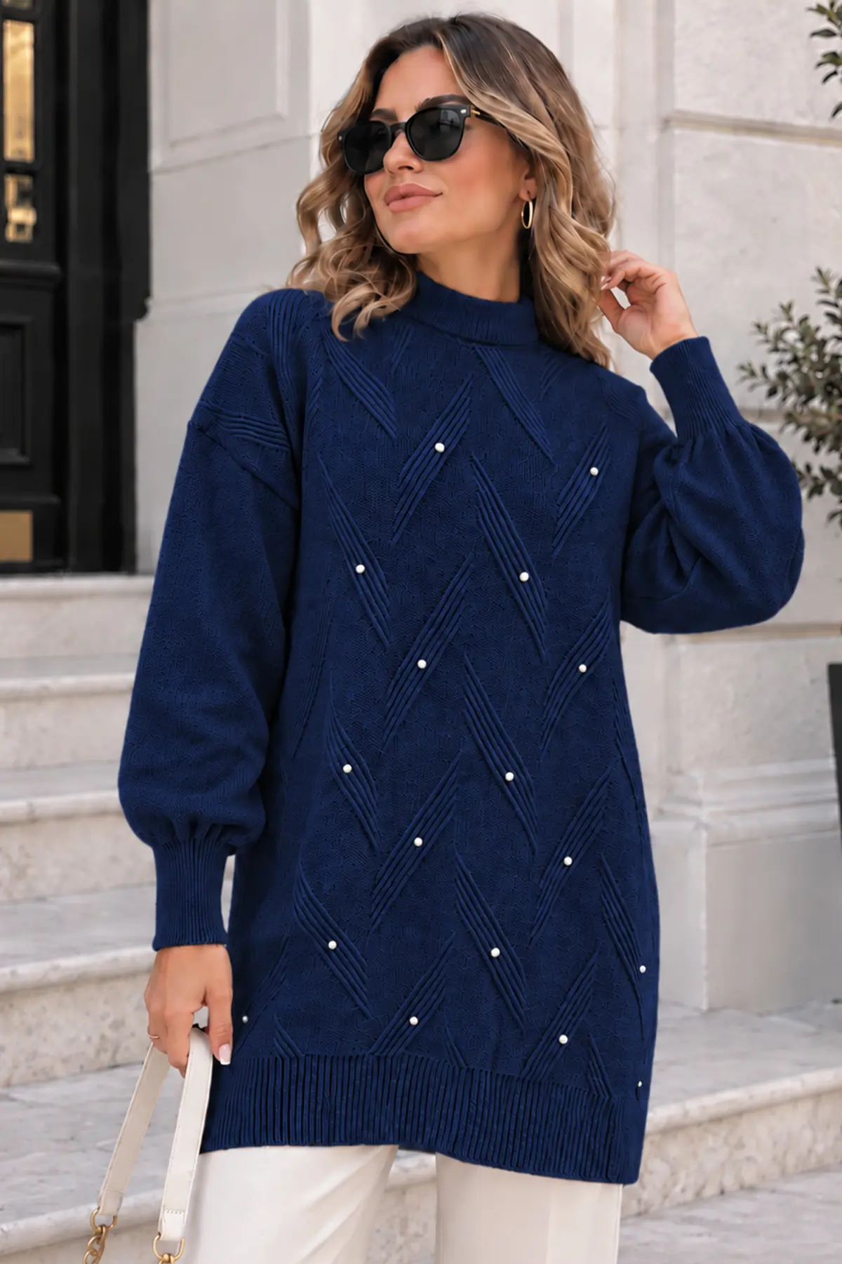 Stone-detail Knit Sweater K6035 Navy Blue-detail