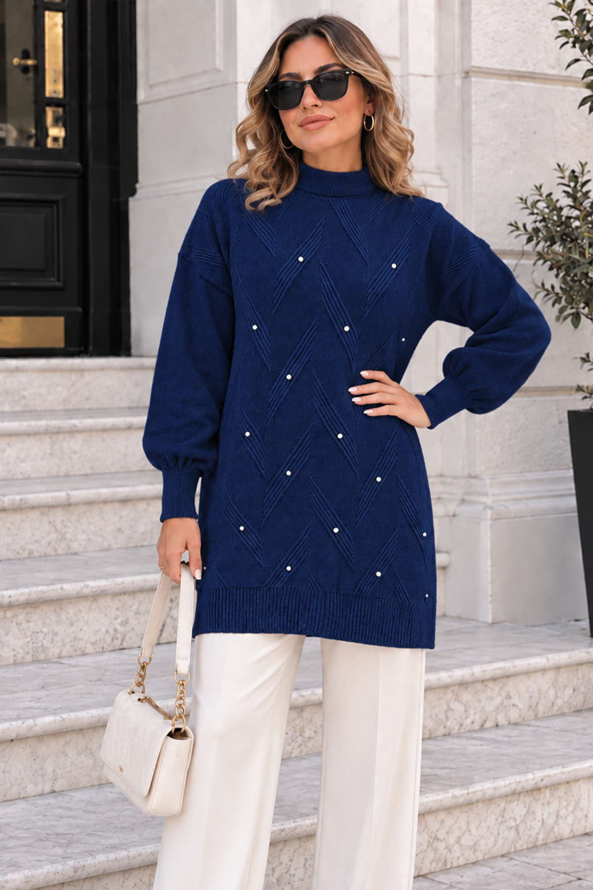 Stone-detail Knit Sweater K6035 Navy Blue