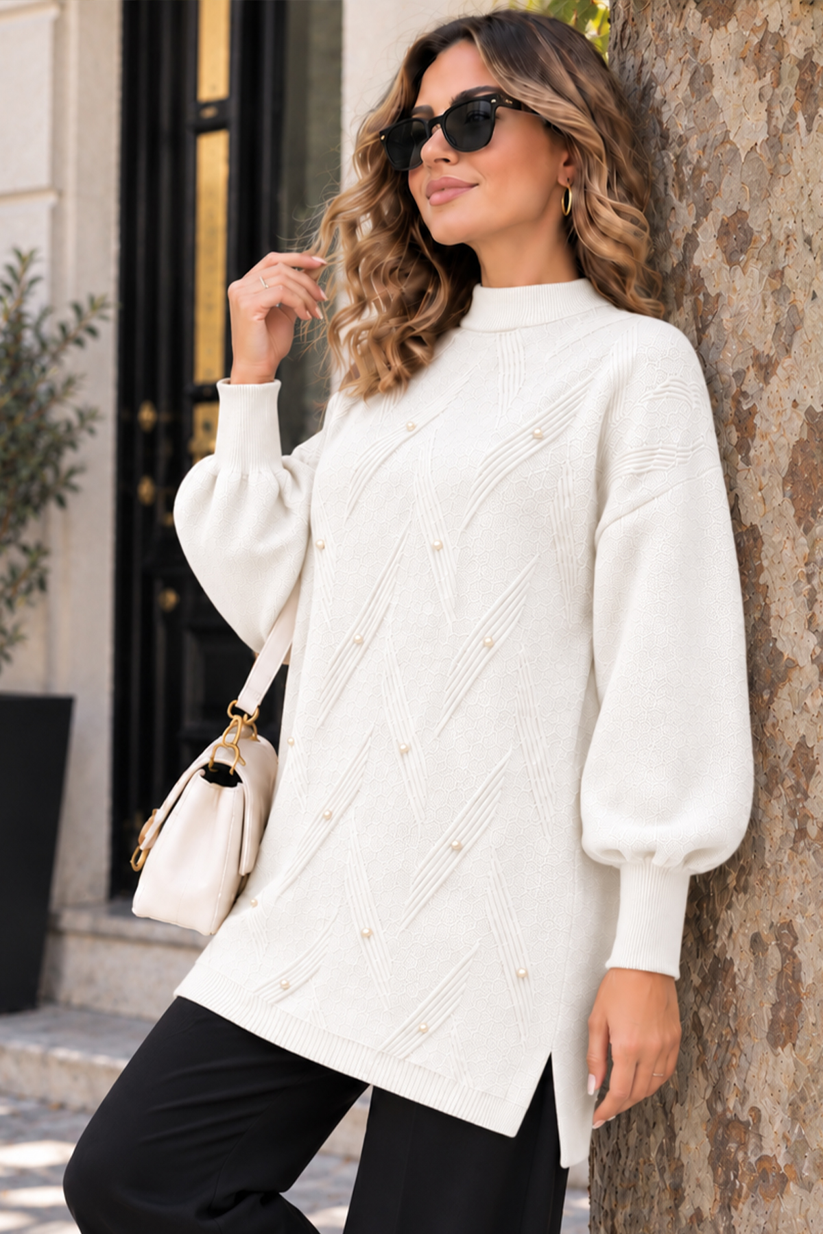Stone-detail Knit Sweater K6035 White