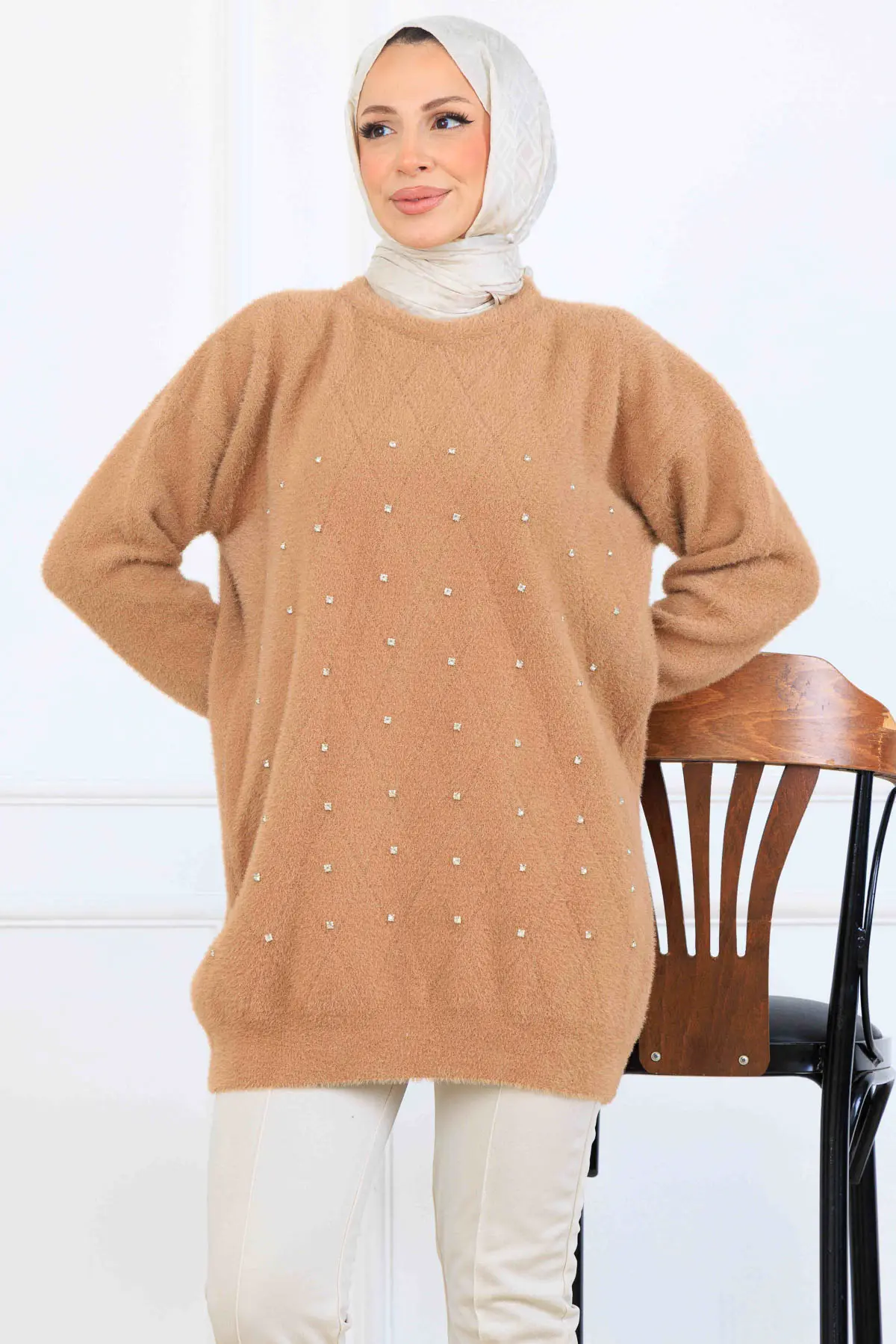 Stone-detail Knit Tunic S3008 Mink-detail