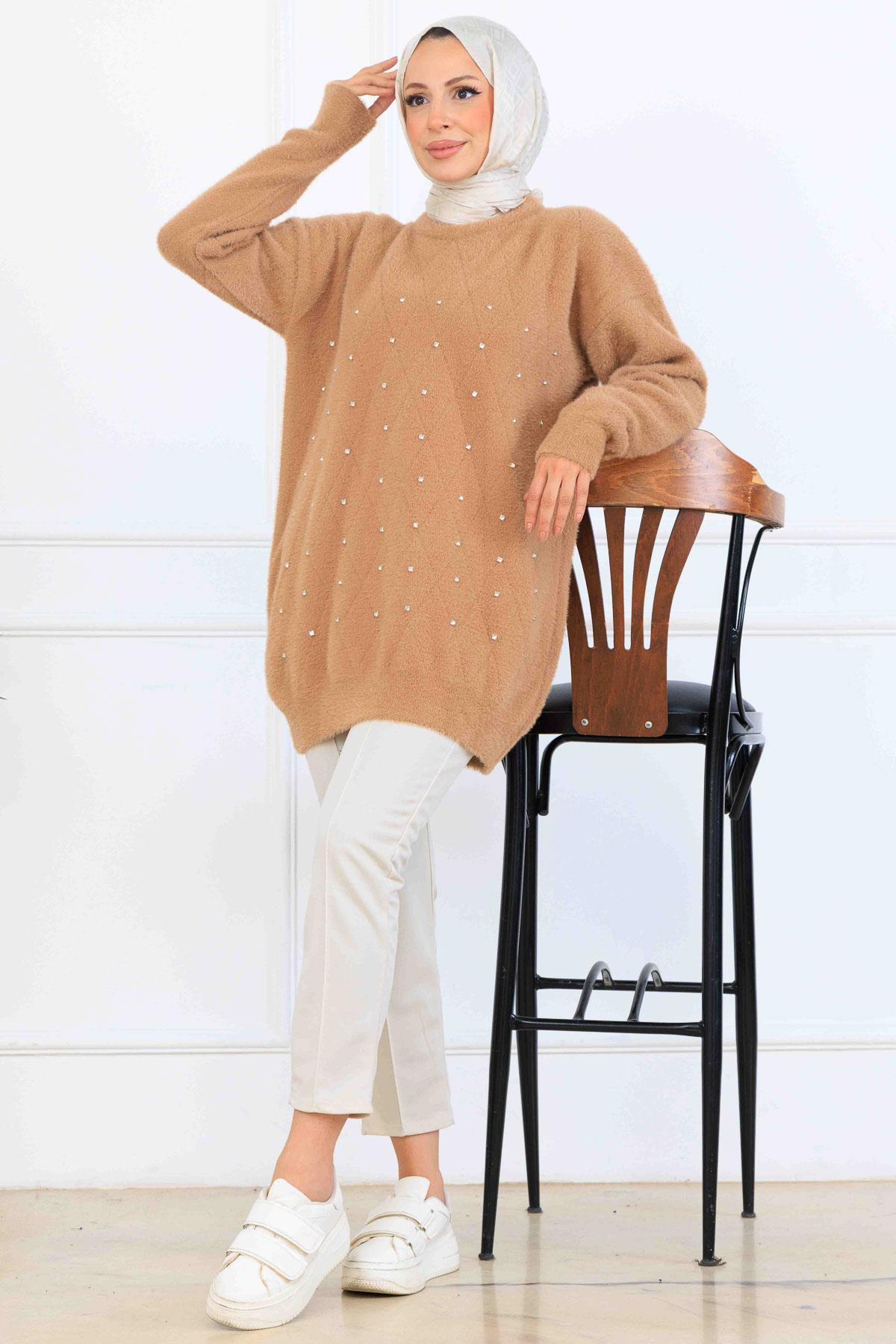 Stone-detail Knit Tunic S3008 Mink