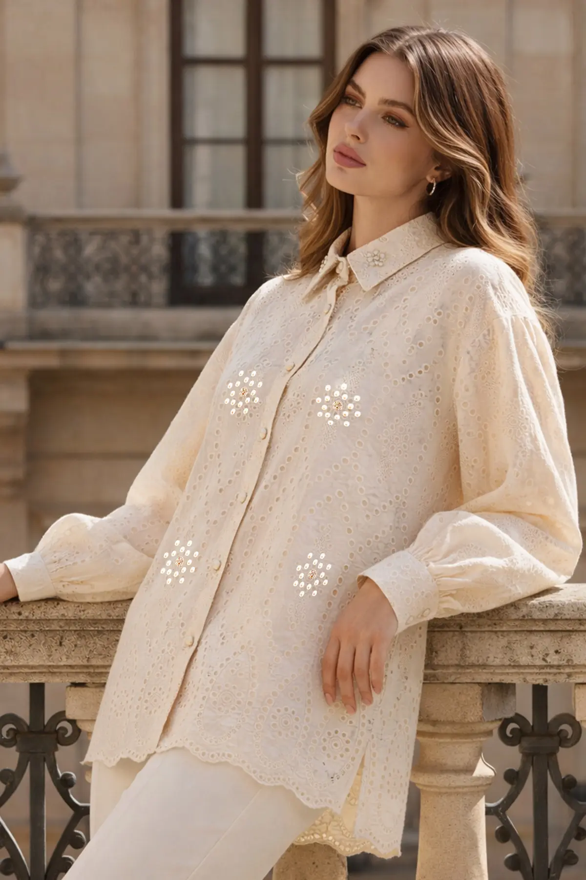 Stone Detail Lace Shirt-detail