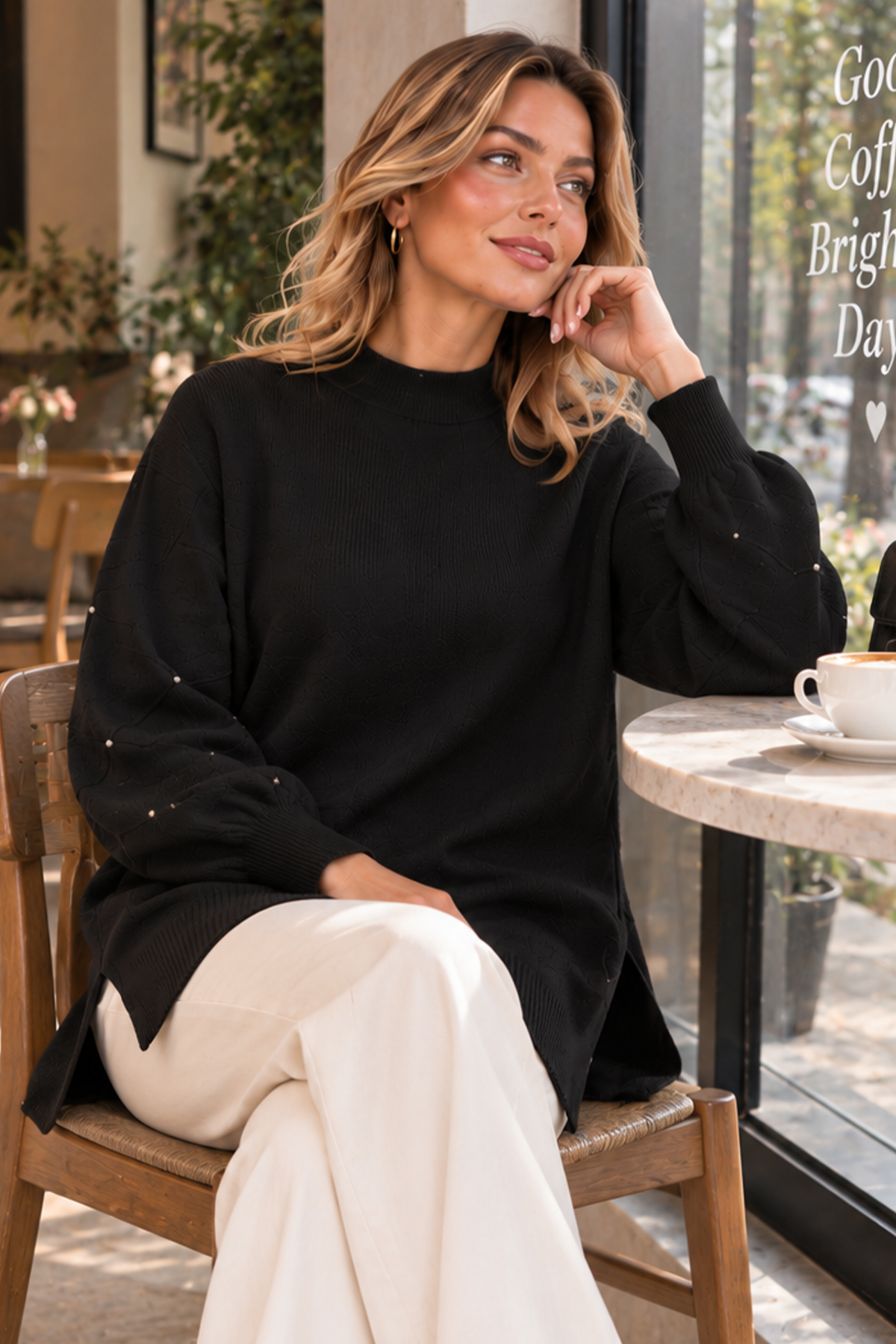 Stone-detail Sleeve Knit Sweater K6033 Black