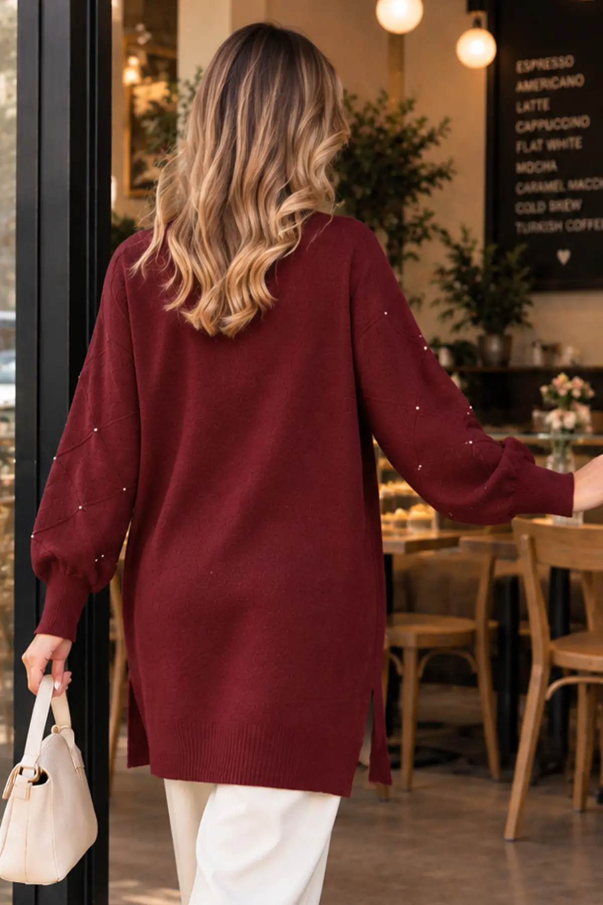 Stone-detail Sleeve Knit Sweater K6033 Burgundy-detail