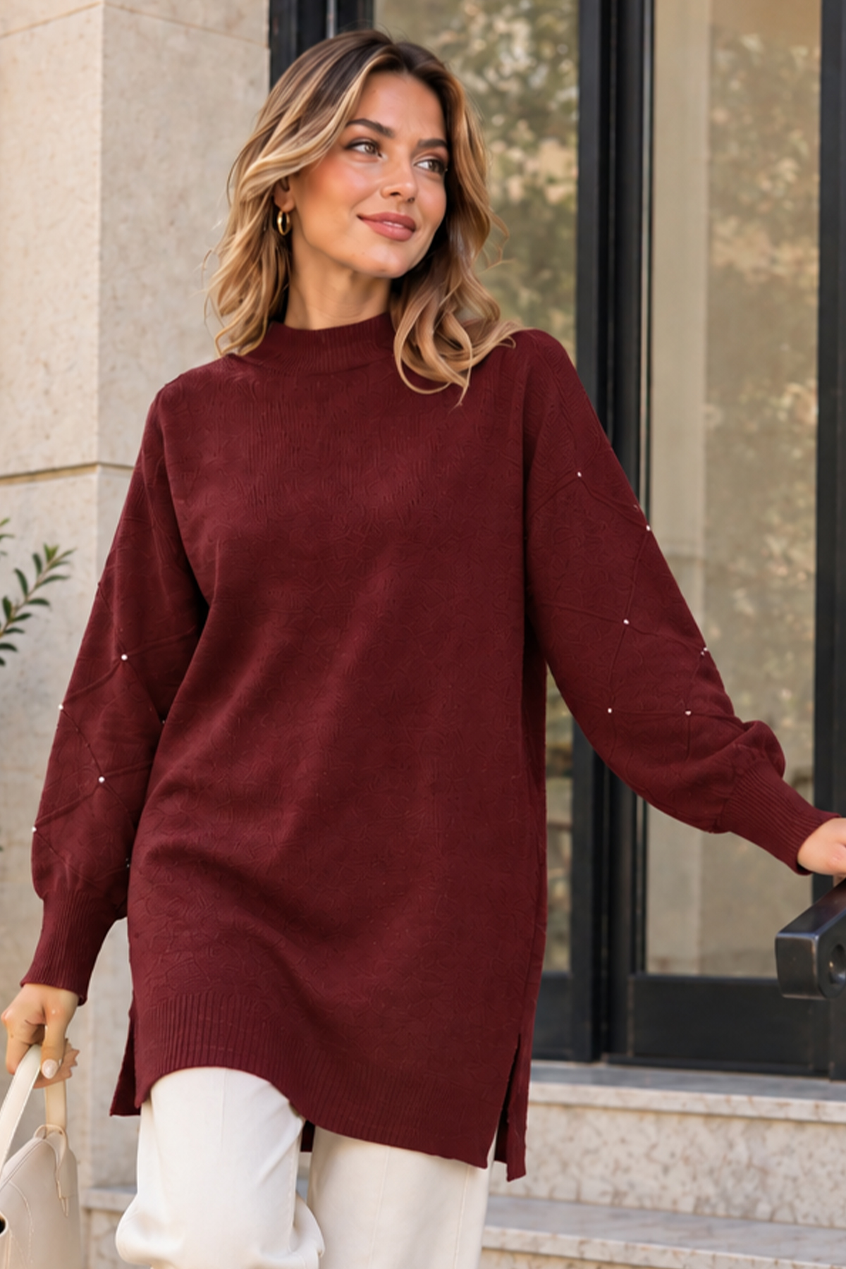 Stone-detail Sleeve Knit Sweater K6033 Burgundy