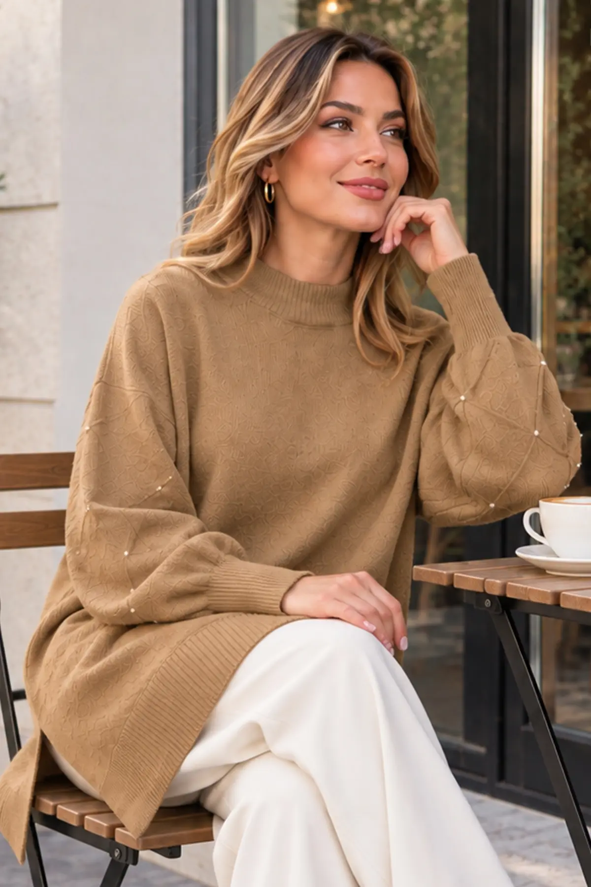Stone-detail Sleeve Knit Sweater K6033 Camel-detail