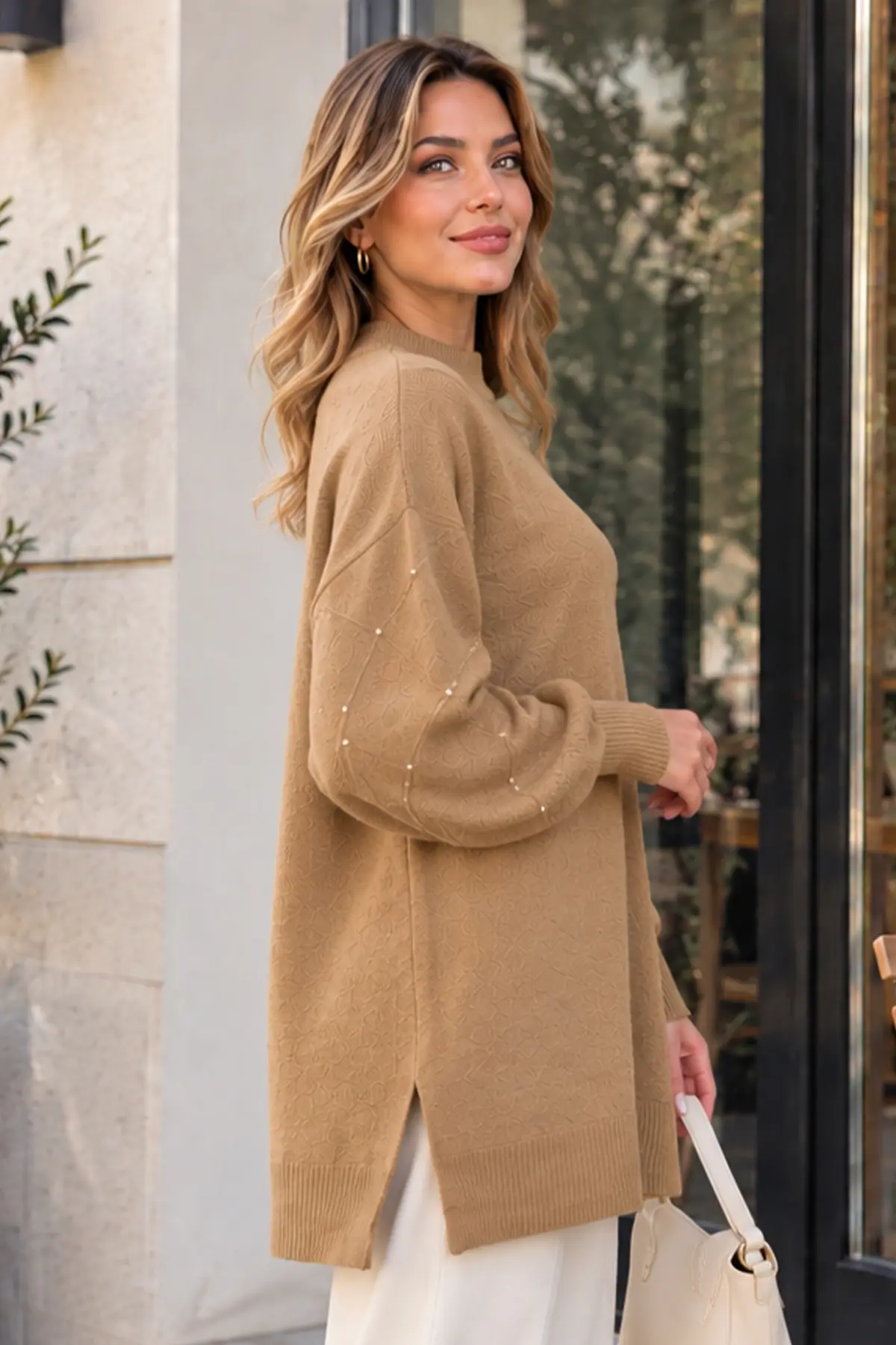 Stone-detail Sleeve Knit Sweater K6033 Camel-detail