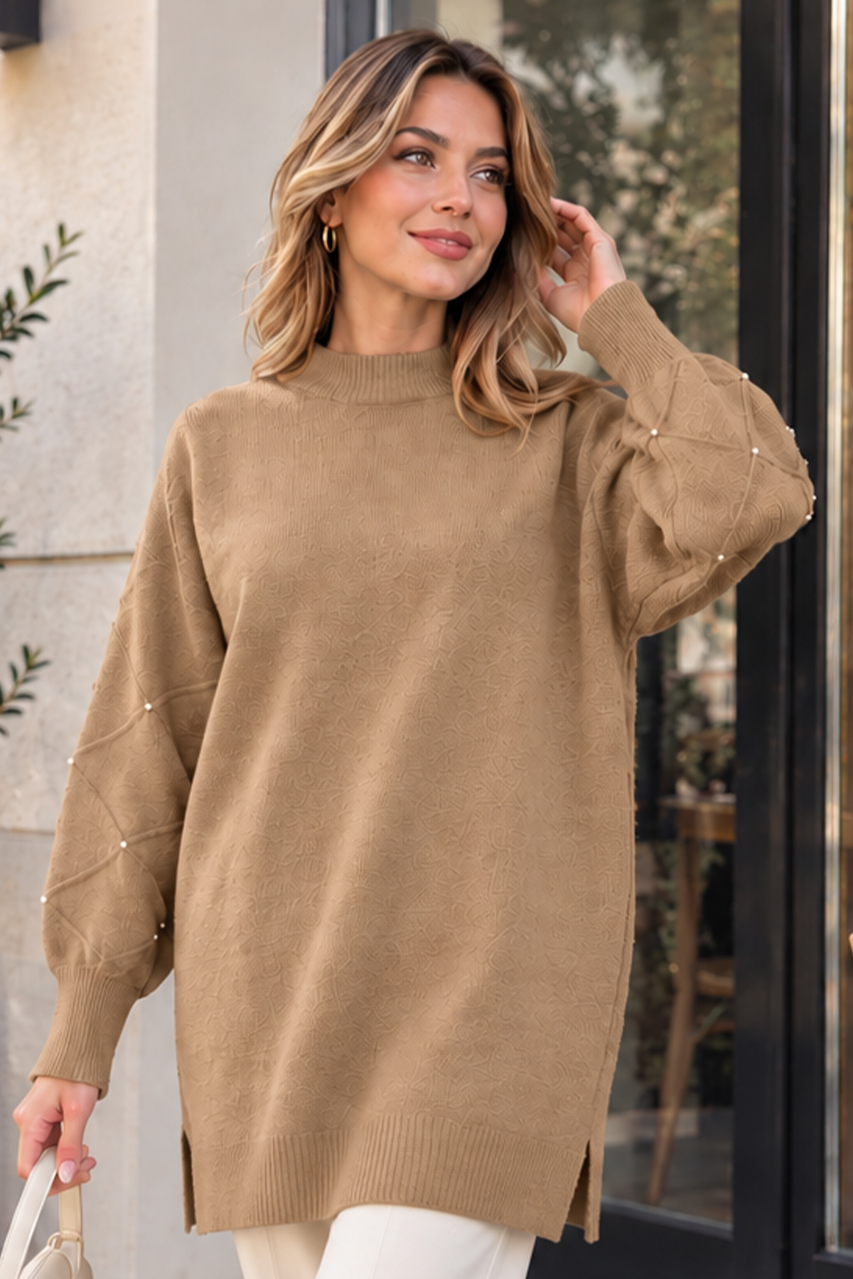 Stone-detail Sleeve Knit Sweater K6033 Camel