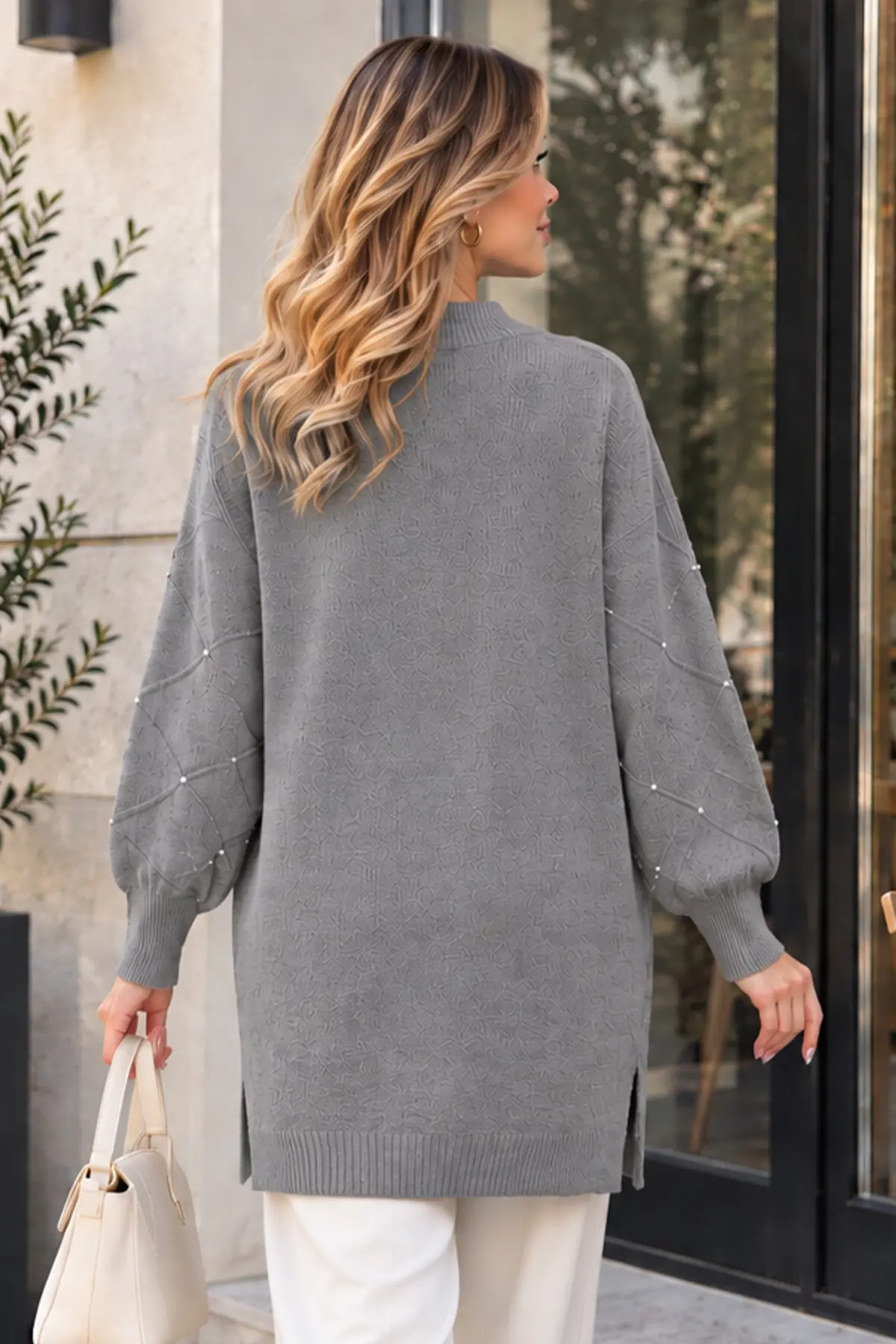 Stone-detail Sleeve Knit Sweater K6033 Grey-detail