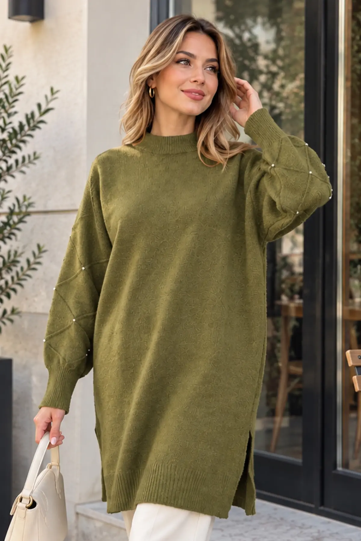 Stone-detail Sleeve Knit Sweater K6033 Khaki-detail