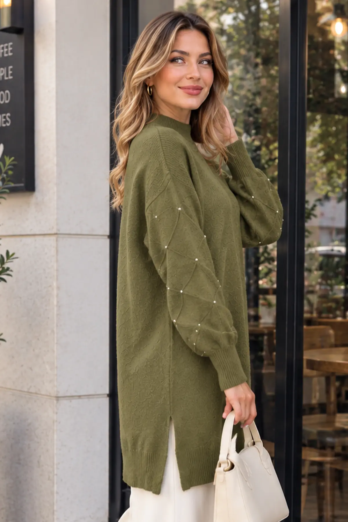 Stone-detail Sleeve Knit Sweater K6033 Khaki-detail