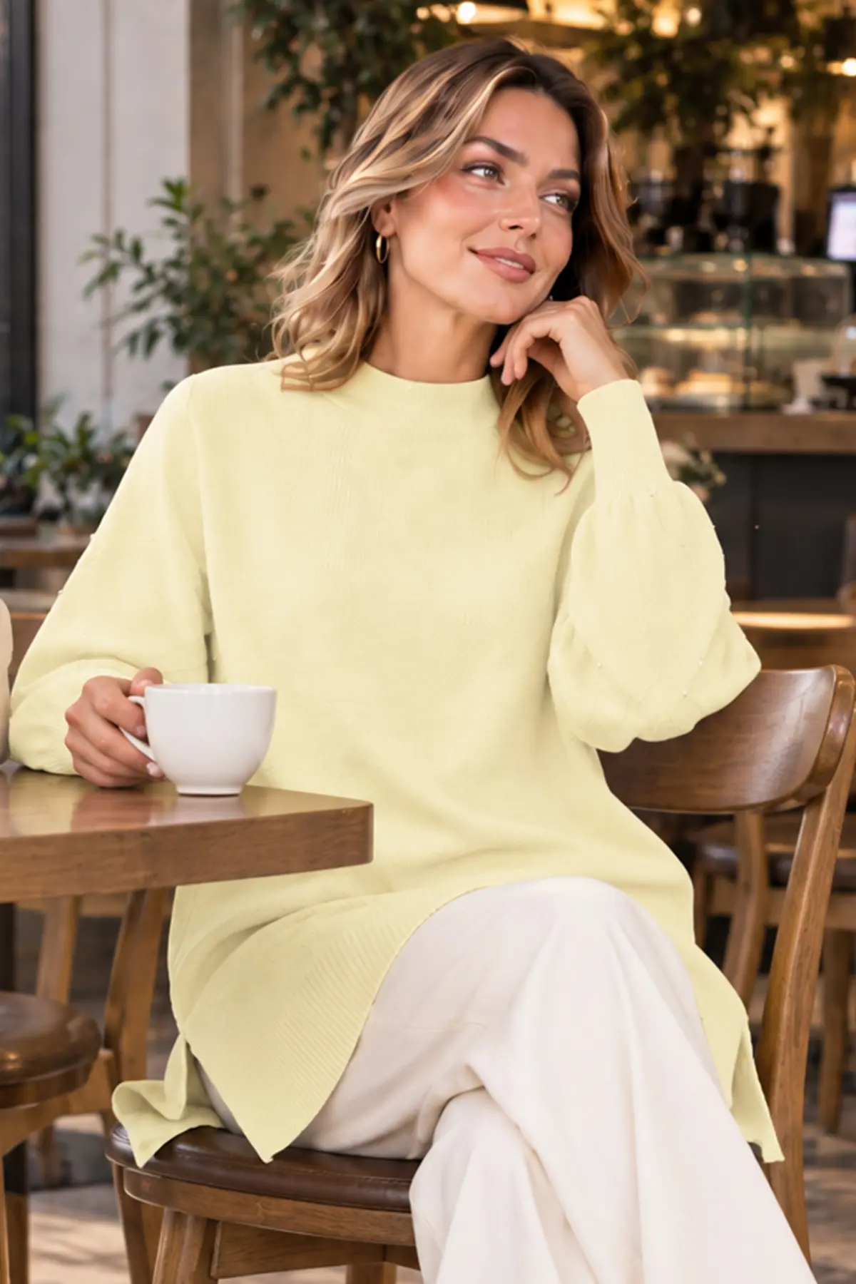 Stone-detail Sleeve Knit Sweater K6033 Lemon Yellow-detail