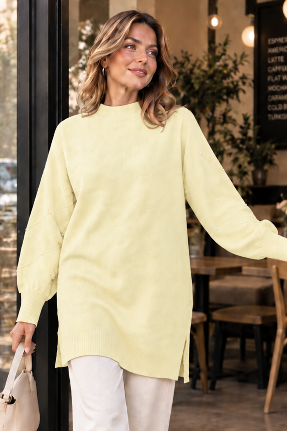 Stone-detail Sleeve Knit Sweater K6033 Lemon Yellow