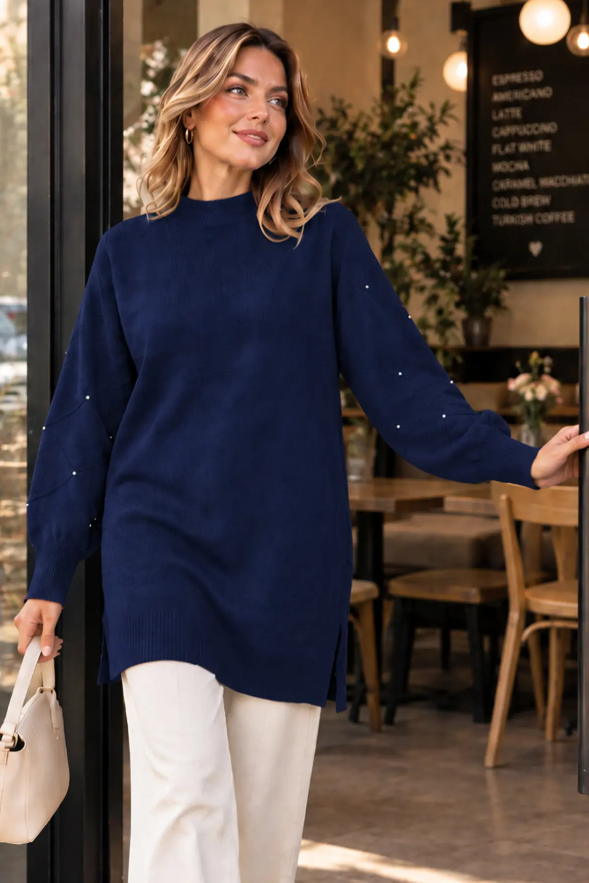 Stone-detail Sleeve Knit Sweater K6033 Navy Blue-detail