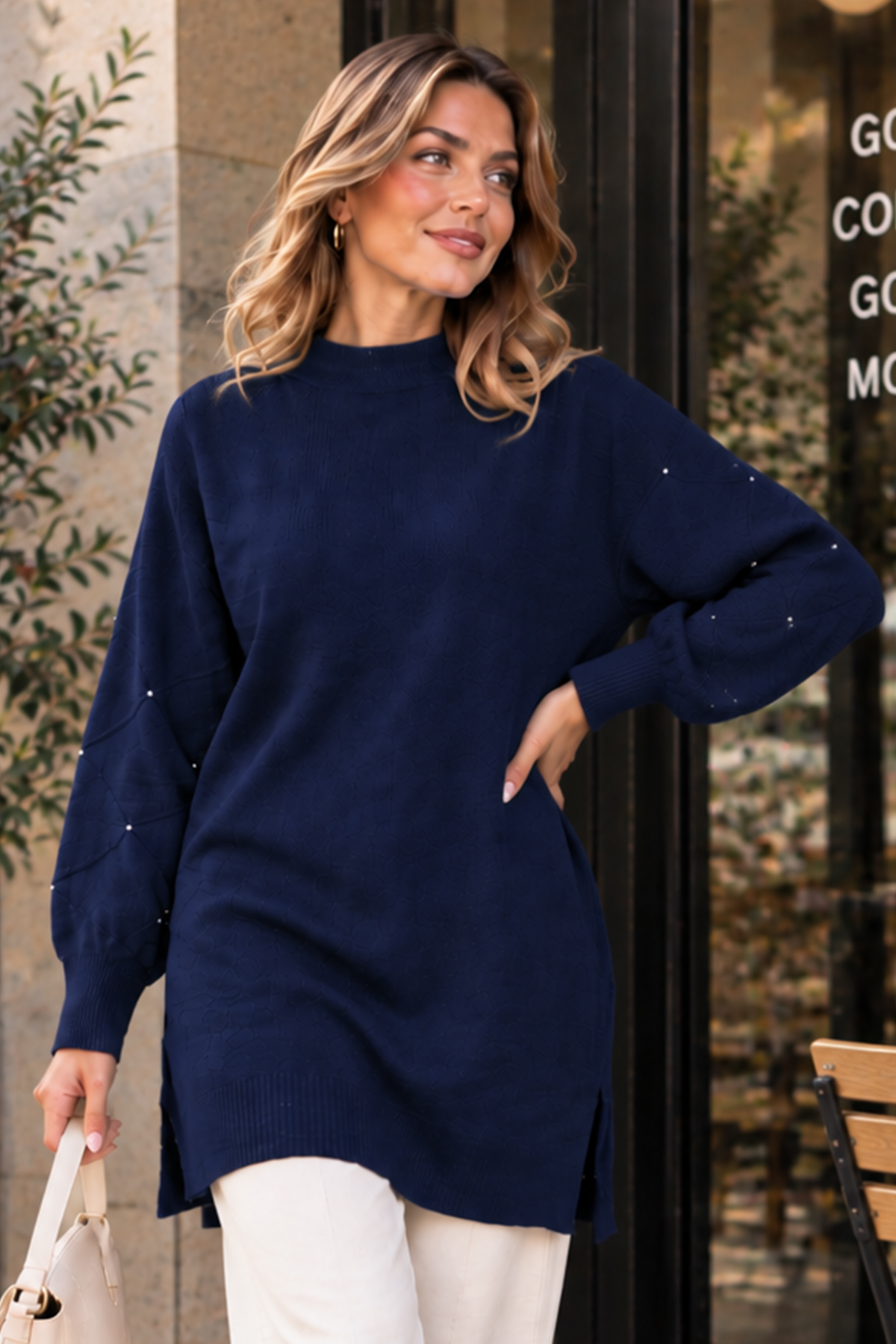 Stone-detail Sleeve Knit Sweater K6033 Navy Blue