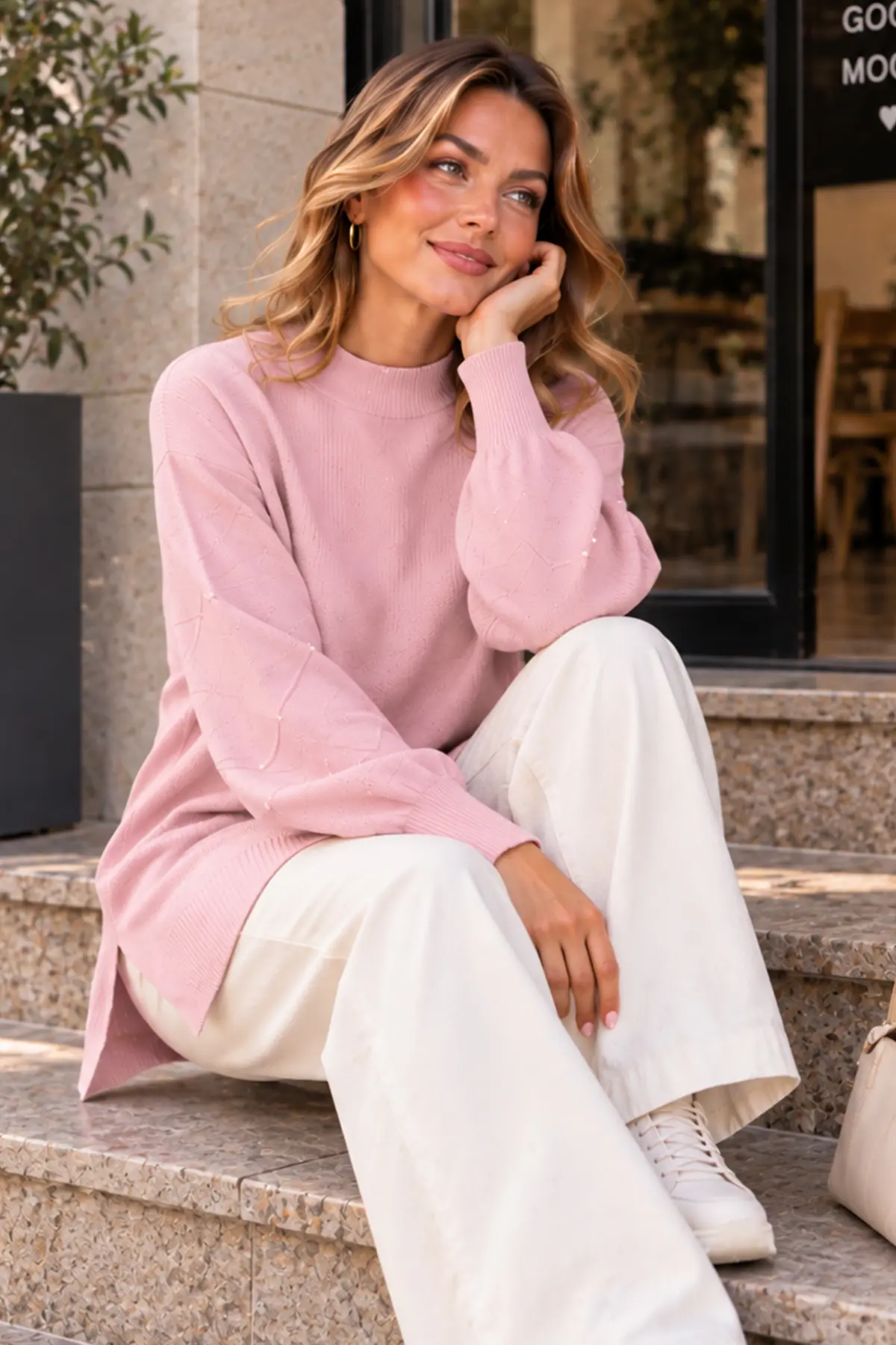 Stone-detail Sleeve Knit Sweater K6033 Powder Pink-detail