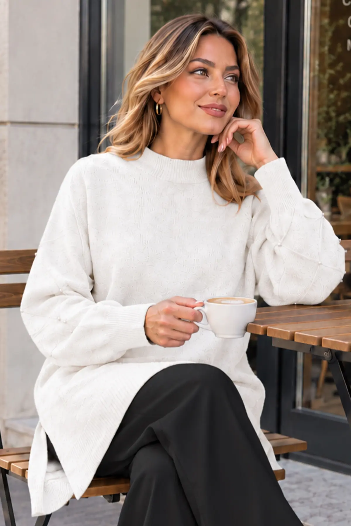 Stone-detail Sleeve Knit Sweater K6033 White-detail