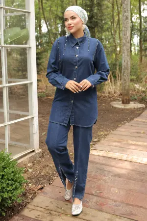 Stone Detailed Denim Suit With Slit On The Leg