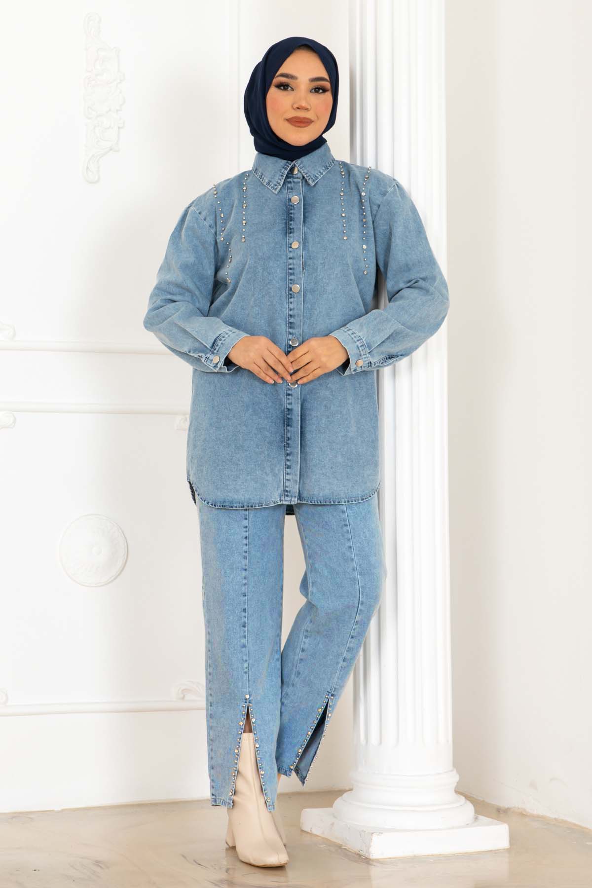 Stone Detailed Denim Suit With Slit On The Leg