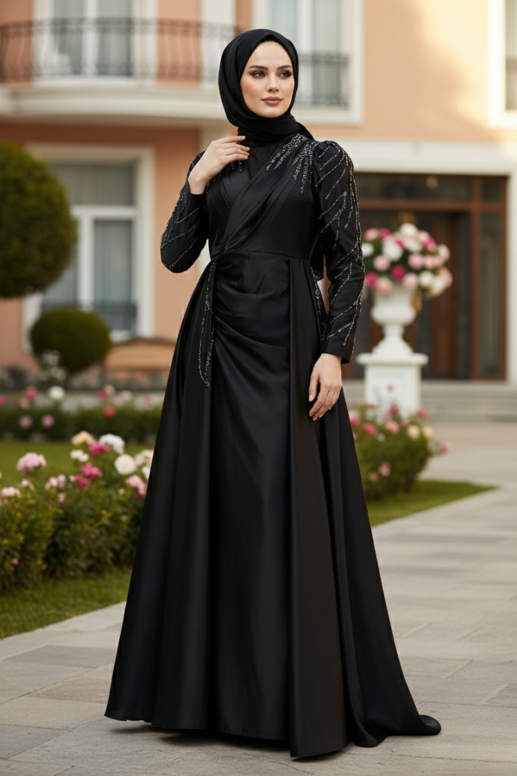Stone Detailed Satin Evening Dress Black