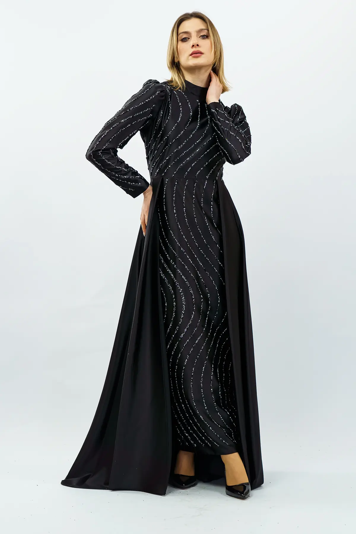 Stone Detailed Satin Evening Dress Black-detail