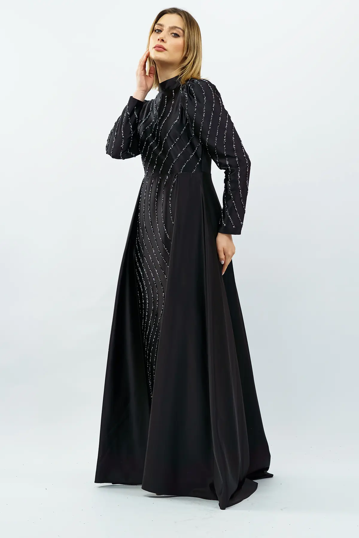Stone Detailed Satin Evening Dress Black-detail