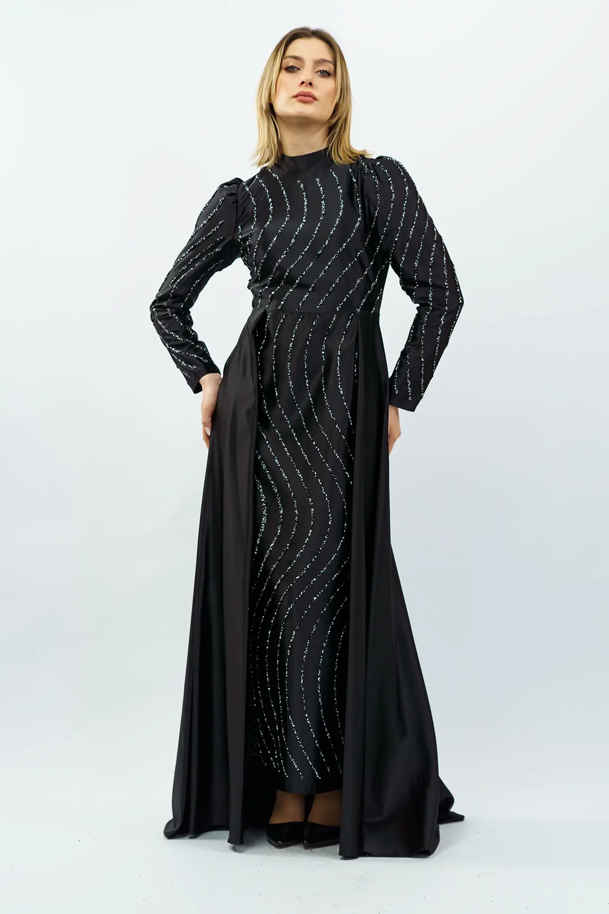 Stone Detailed Satin Evening Dress Black-detail