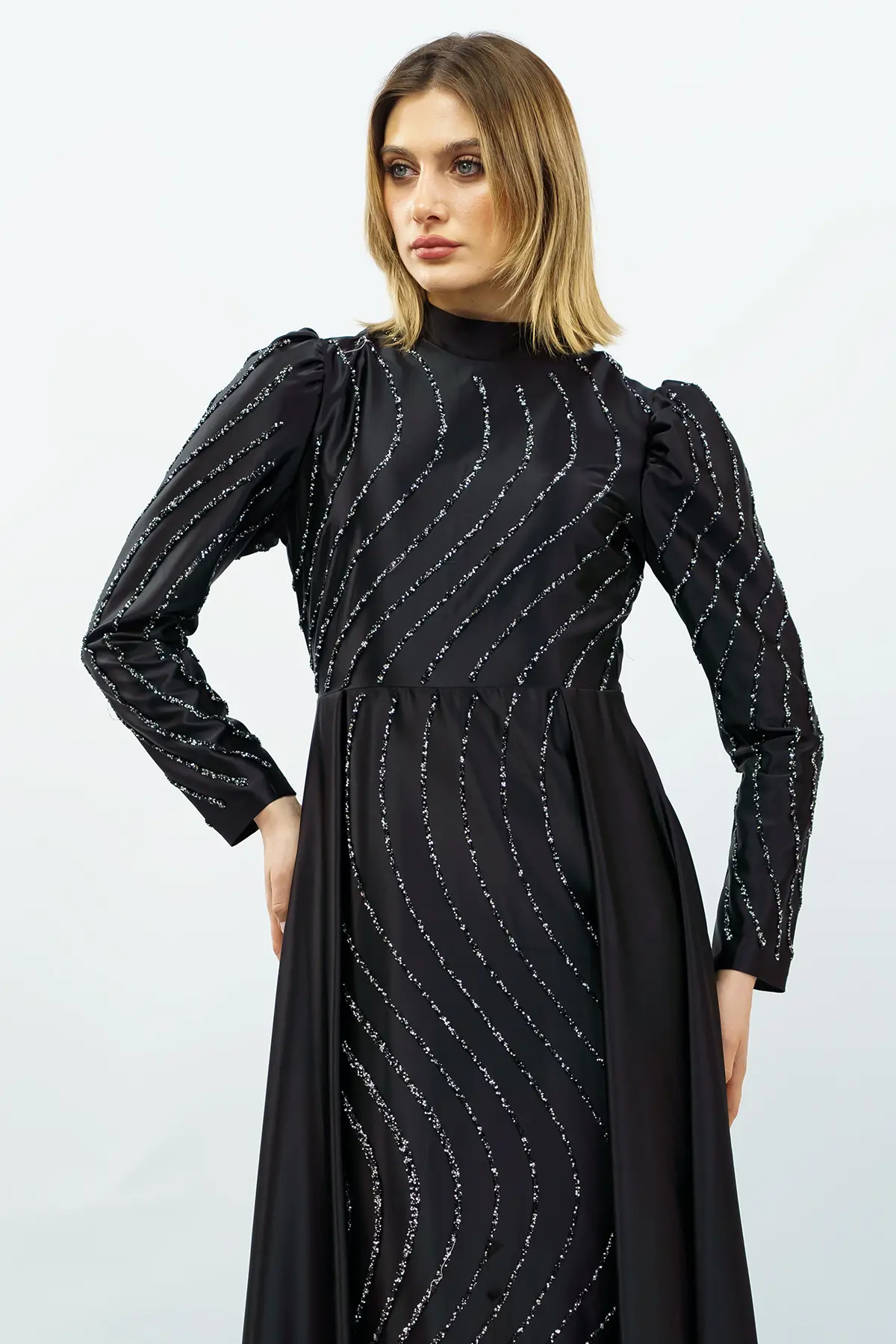 Stone Detailed Satin Evening Dress Black-detail