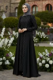 Stone Detailed Satin Evening Dress Black