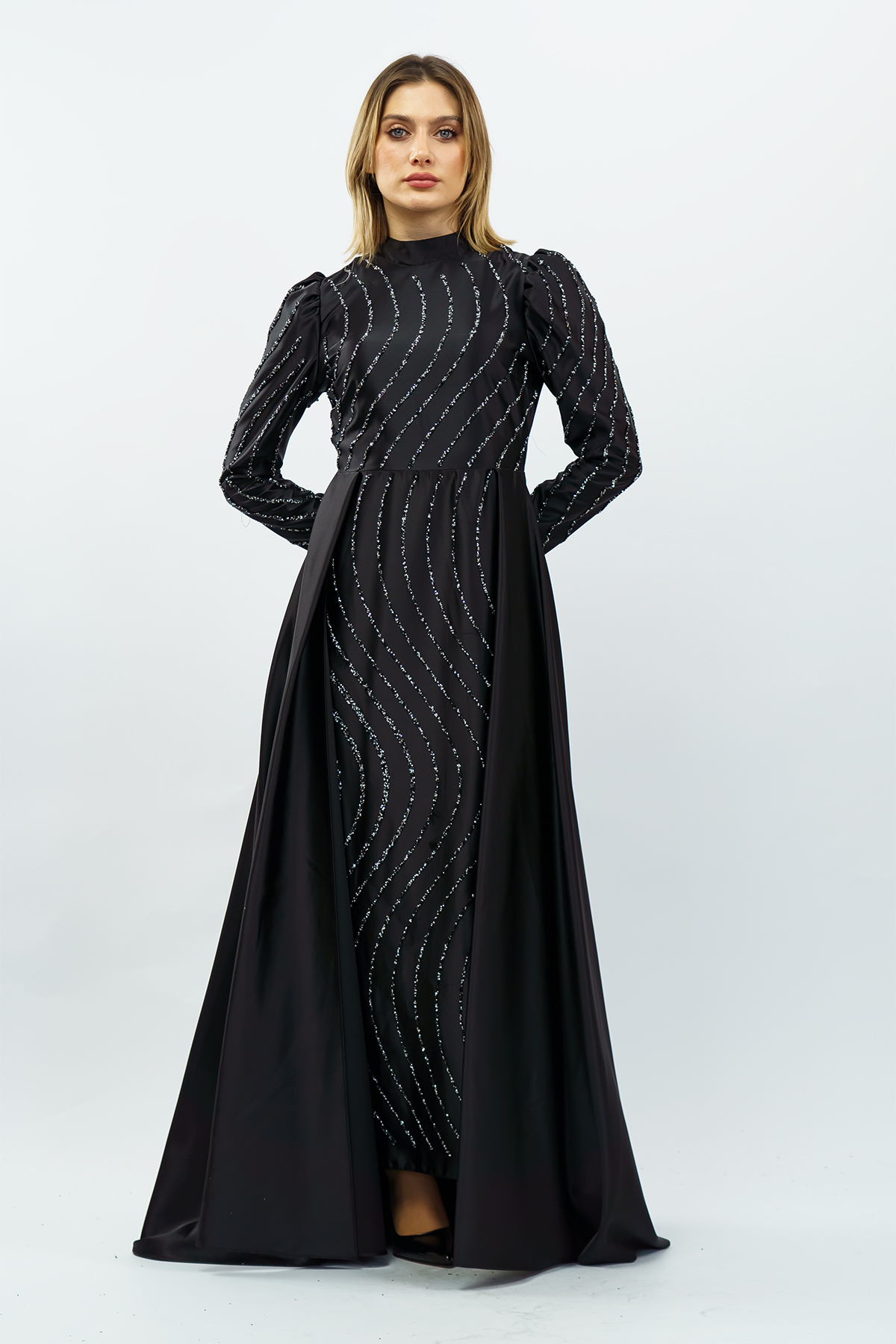 Stone Detailed Satin Evening Dress Black