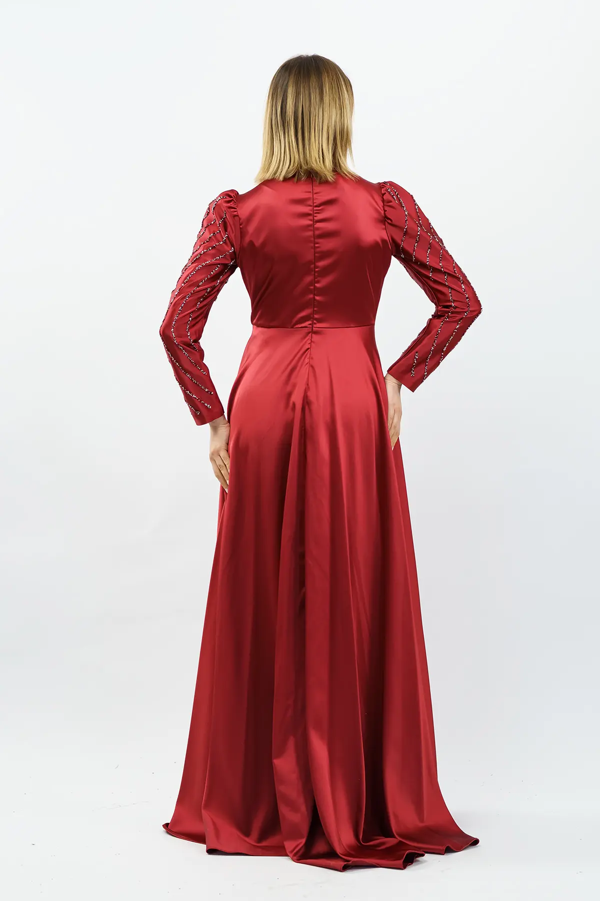 Stone Detailed Satin Evening Dress Claret Red-detail