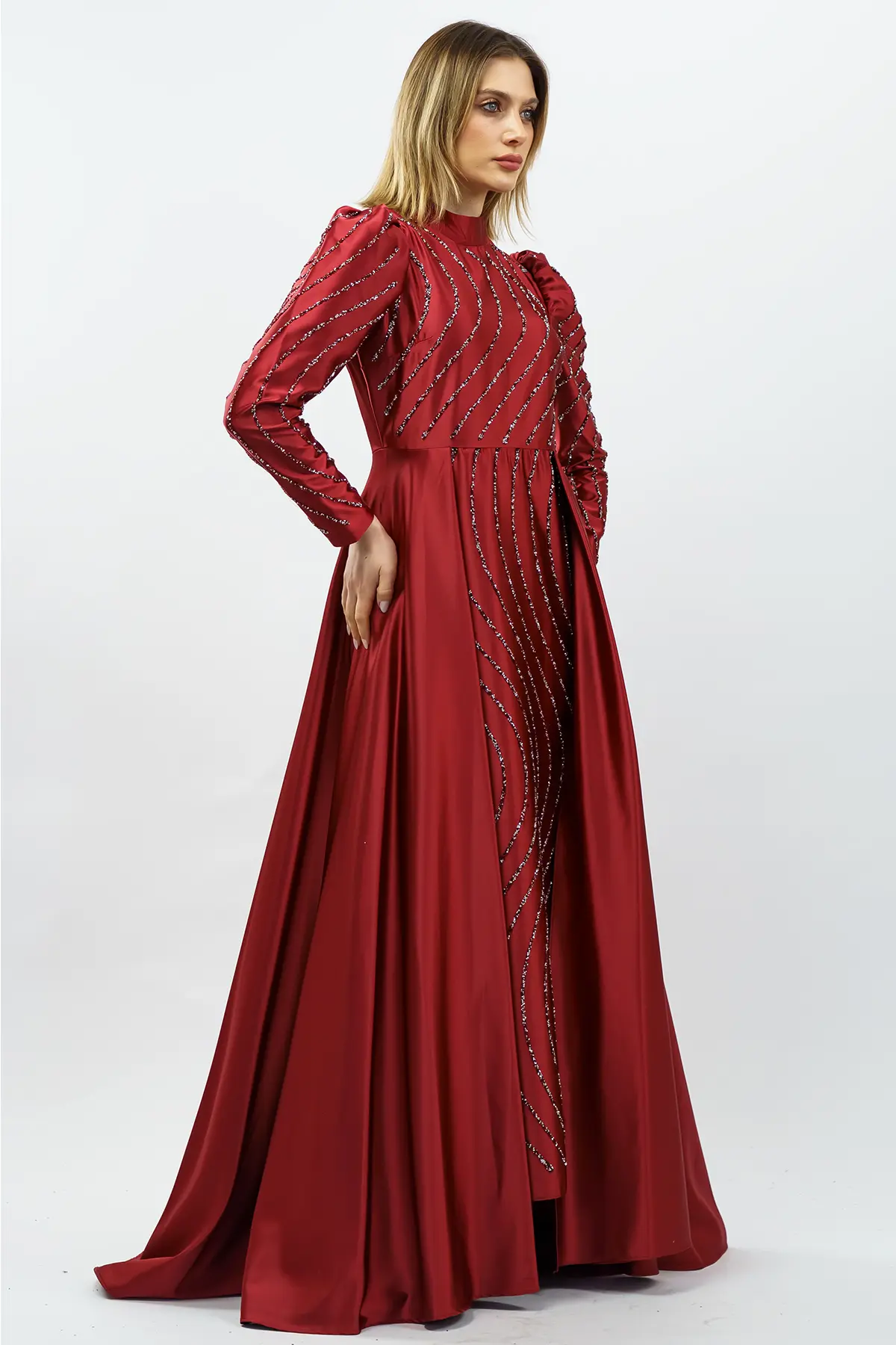 Stone Detailed Satin Evening Dress Claret Red-detail