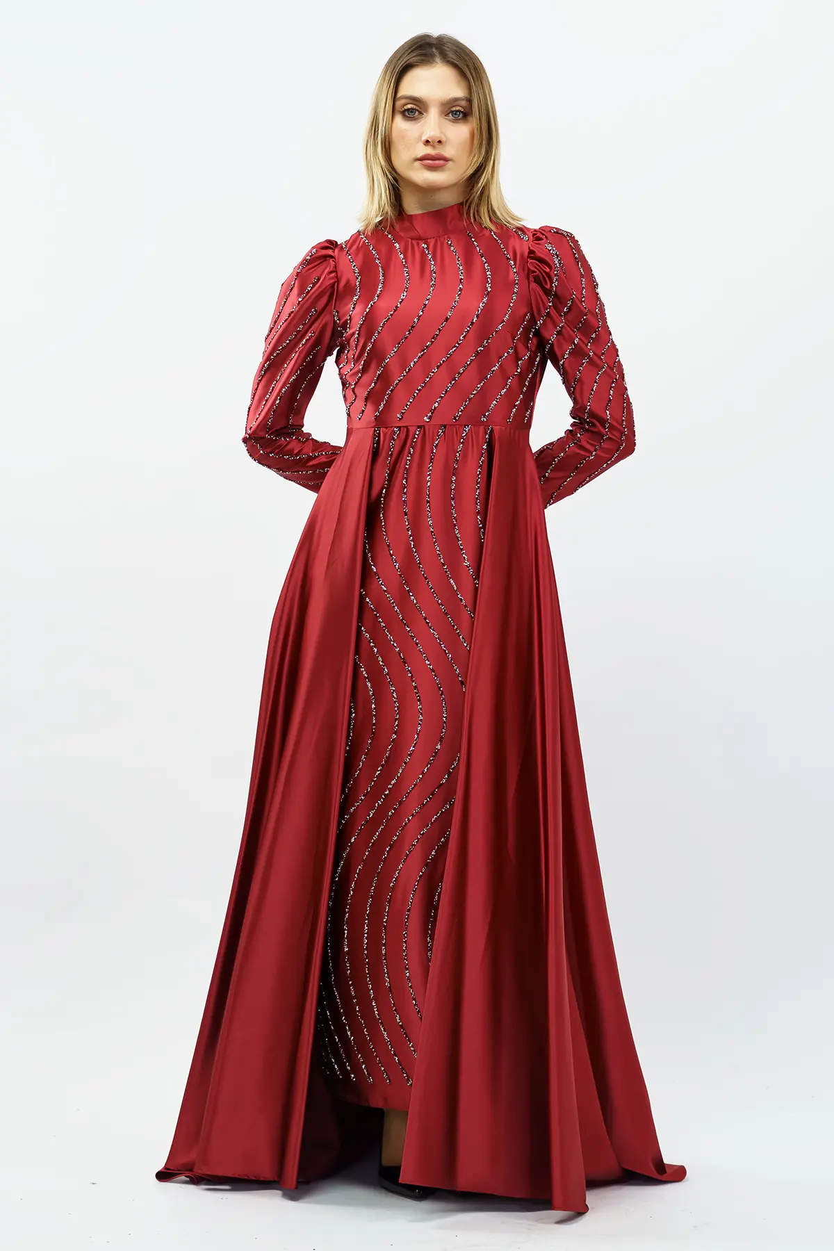 Stone Detailed Satin Evening Dress Claret Red-detail