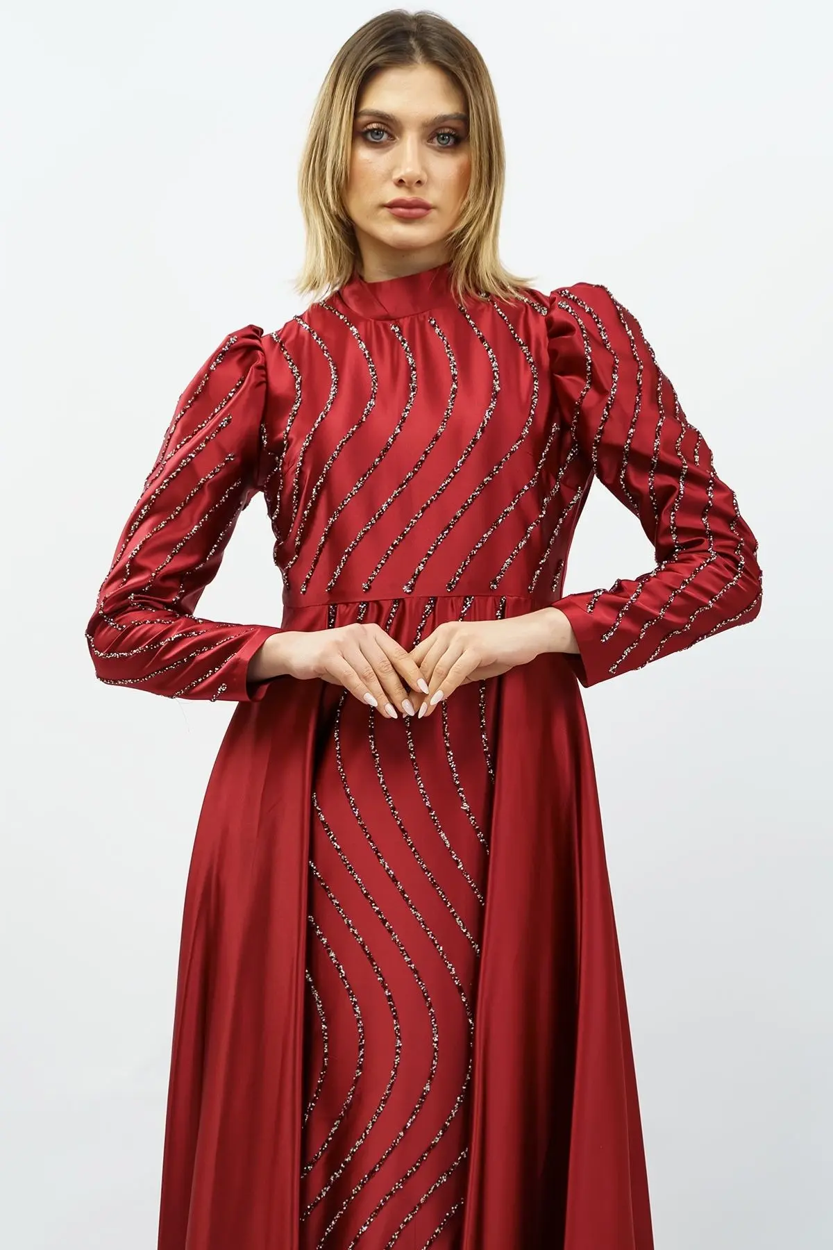 Stone Detailed Satin Evening Dress Claret Red-detail