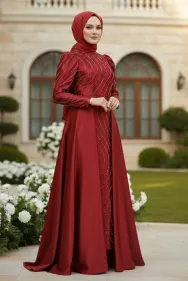 Stone Detailed Satin Evening Dress Claret Red