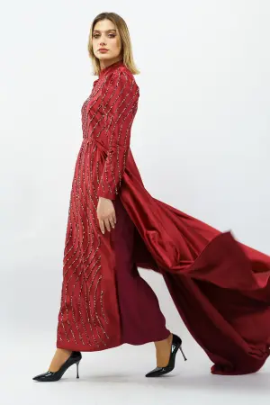 Stone Detailed Satin Evening Dress Claret Red