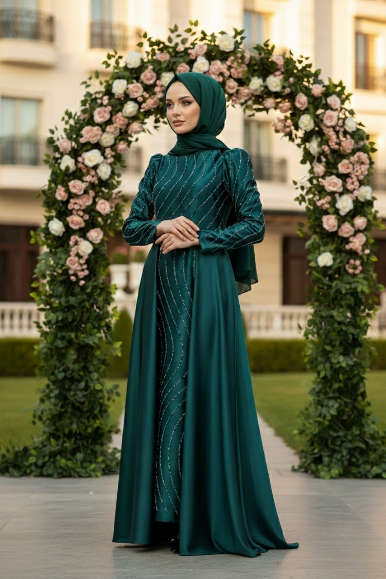 Stone Detailed Satin Evening Dress Emerald Green