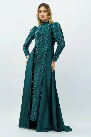 Stone Detailed Satin Evening Dress Emerald Green